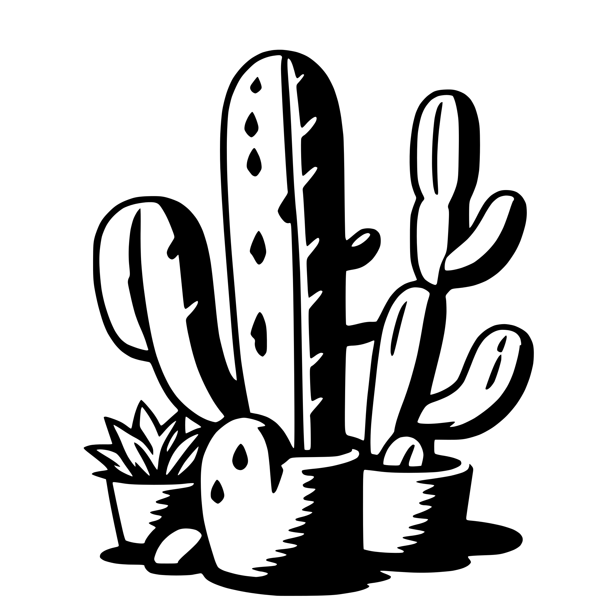 The SVG depicts a stylized illustration of a cactus with multiple arms, each ending in a small, pointed cactus. The main cactus has a prominent central spine and is surrounded by smaller cacti, some of which are potted. There are also a few small plants or flowers in the pots, adding to the desert-like theme. The cacti are arranged in a way that suggests they are growing together, creating a sense of a small cactus garden. The style is simple and cartoonish, with clean lines and minimal shading. 