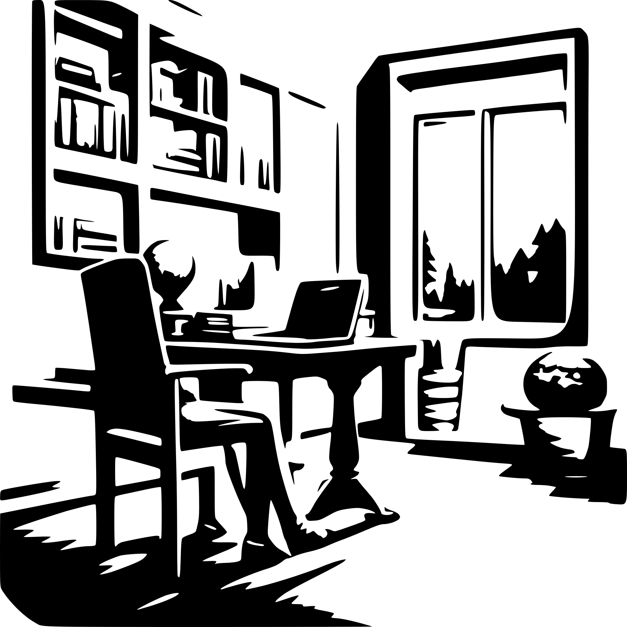 AI-generated SVG of a animated room with a laptop and a window . a library and a chair