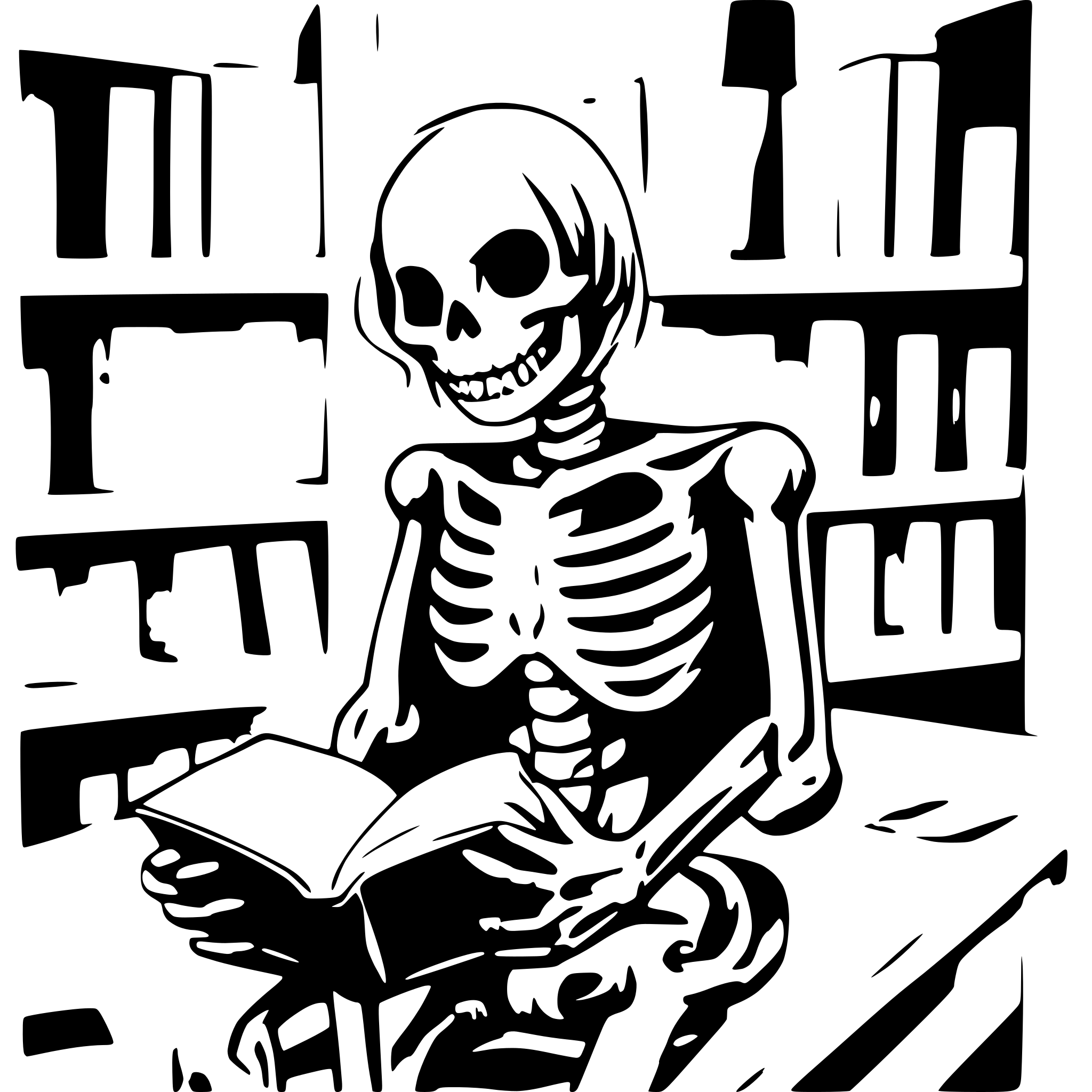 AI-generated SVG of a skeleton reading a book