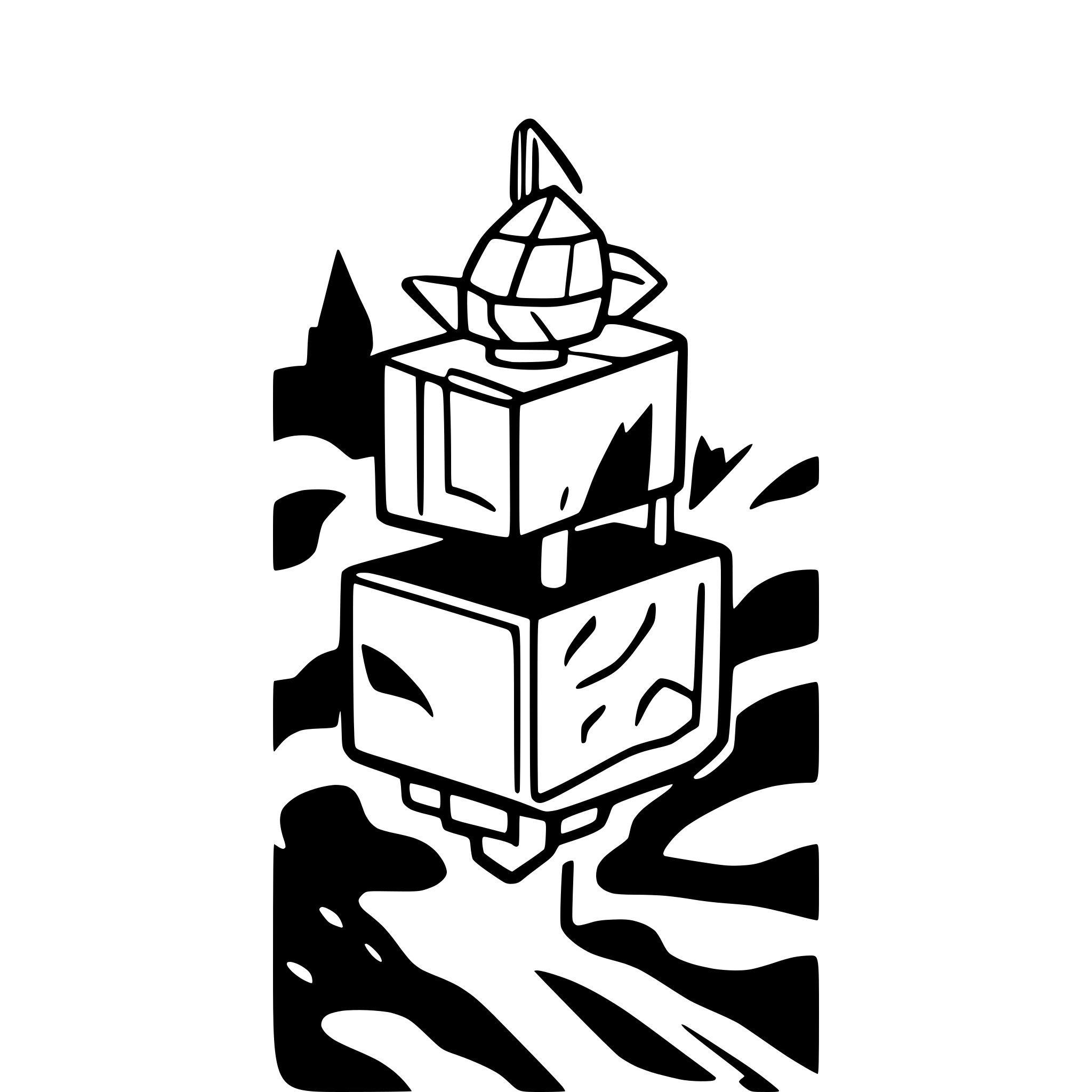 AI-generated SVG of a A cube in space, falling to earth. A small rocket in the distance. The earth takes up one third of the image