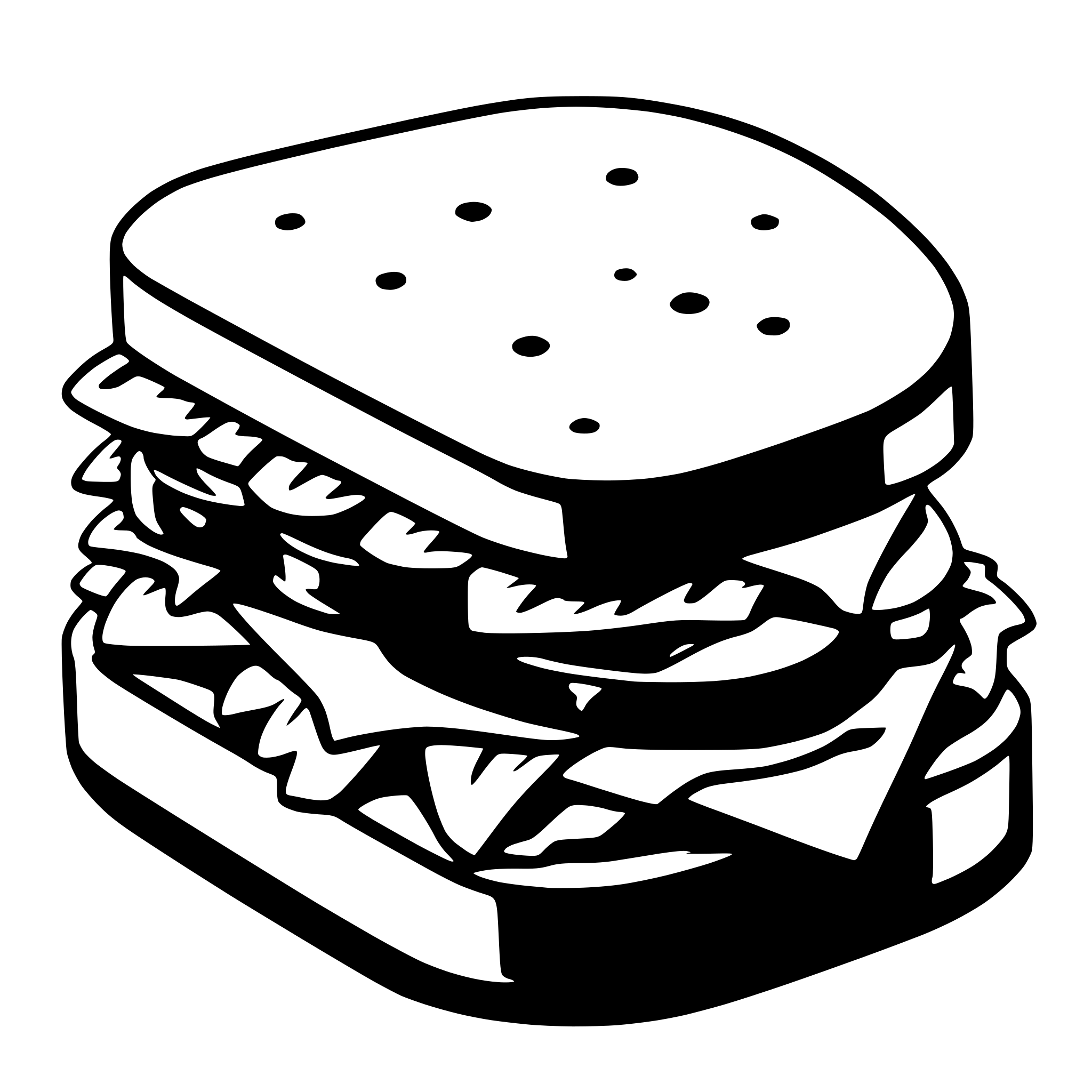 The SVG shows a stylized, simplified representation of a sandwich. The sandwich consists of a top and bottom bun, with what appears to be lettuce and possibly other ingredients in between. The buns are depicted with a series of small dots to suggest texture, and the sandwich is presented in a way that it is stacked vertically, with the layers of ingredients visible between the buns. The SVG is a vector graphic, which means it is composed of lines and shapes that can be scaled without losing quality. 