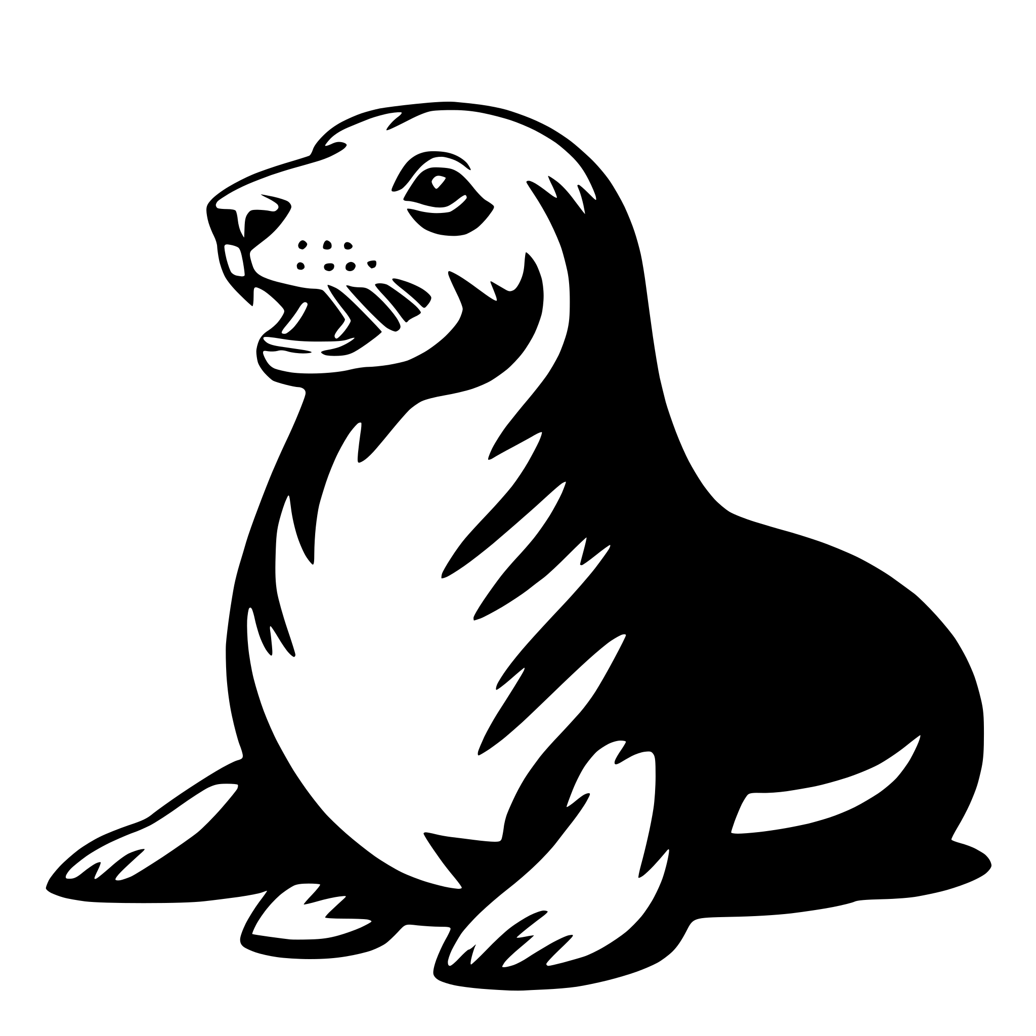 The SVG depicts a stylized, cartoon-like illustration of a seal. The seal is sitting upright with its front paws extended forward, and its mouth is open as if it is vocalizing or communicating. The seal's body is round, and it has a simple, smooth outline with no intricate details. The SVG is in black and white, which gives it a clean and minimalist appearance. The seal is the central figure in the SVG, and there are no other objects or interactions depicted. 