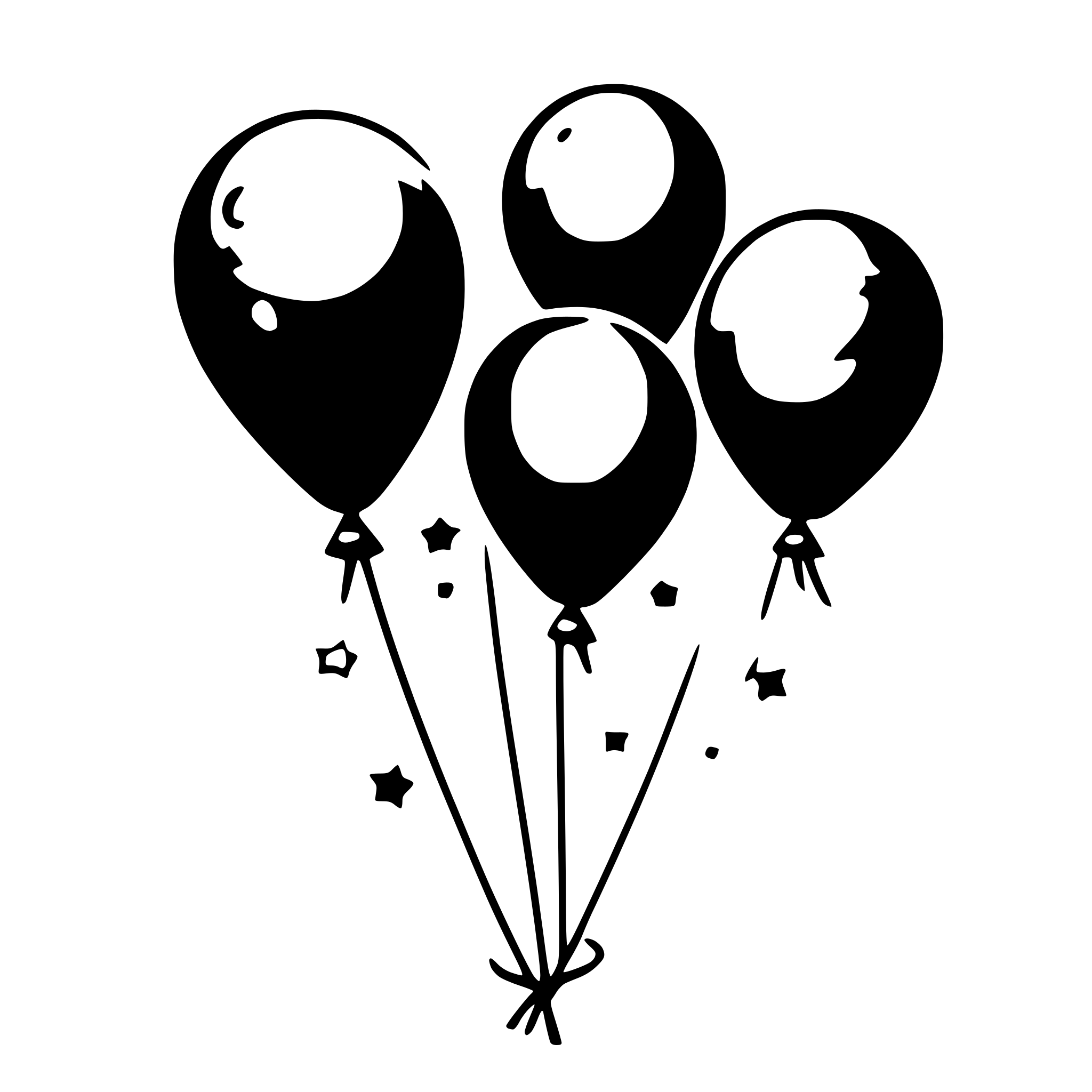 The SVG shows a group of black balloons with white interiors, tied together by strings. The balloons are floating in the air, and there are small white stars scattered around them. The balloons are connected by strings that extend from the bottom of the balloons, suggesting they are being held or tethered. The overall impression is that of a festive or celebratory arrangement, possibly for a party or event. 