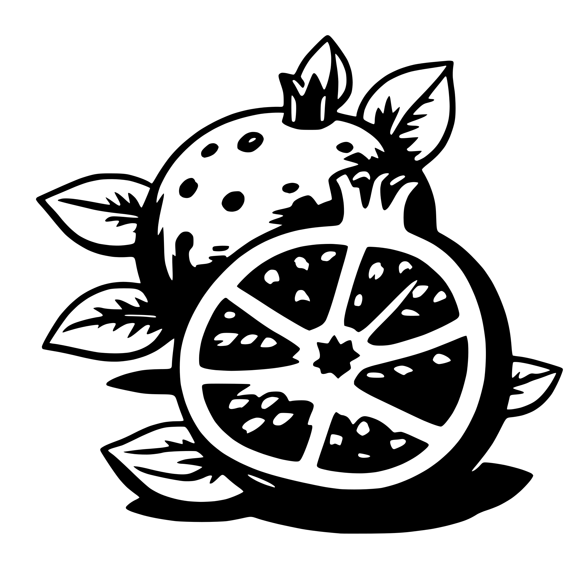 The SVG depicts a stylized illustration of a citrus fruit, possibly a lemon or a lime, with a crown-like shape on top. The fruit is surrounded by green leaves, and there are additional green leaves extending from the bottom of the fruit. The fruit and leaves are outlined in black, and the interior of the fruit is filled with a pattern that could be interpreted as seeds or segments. The overall style is simple and graphic, with a clear emphasis on the fruit and its immediate surroundings. 