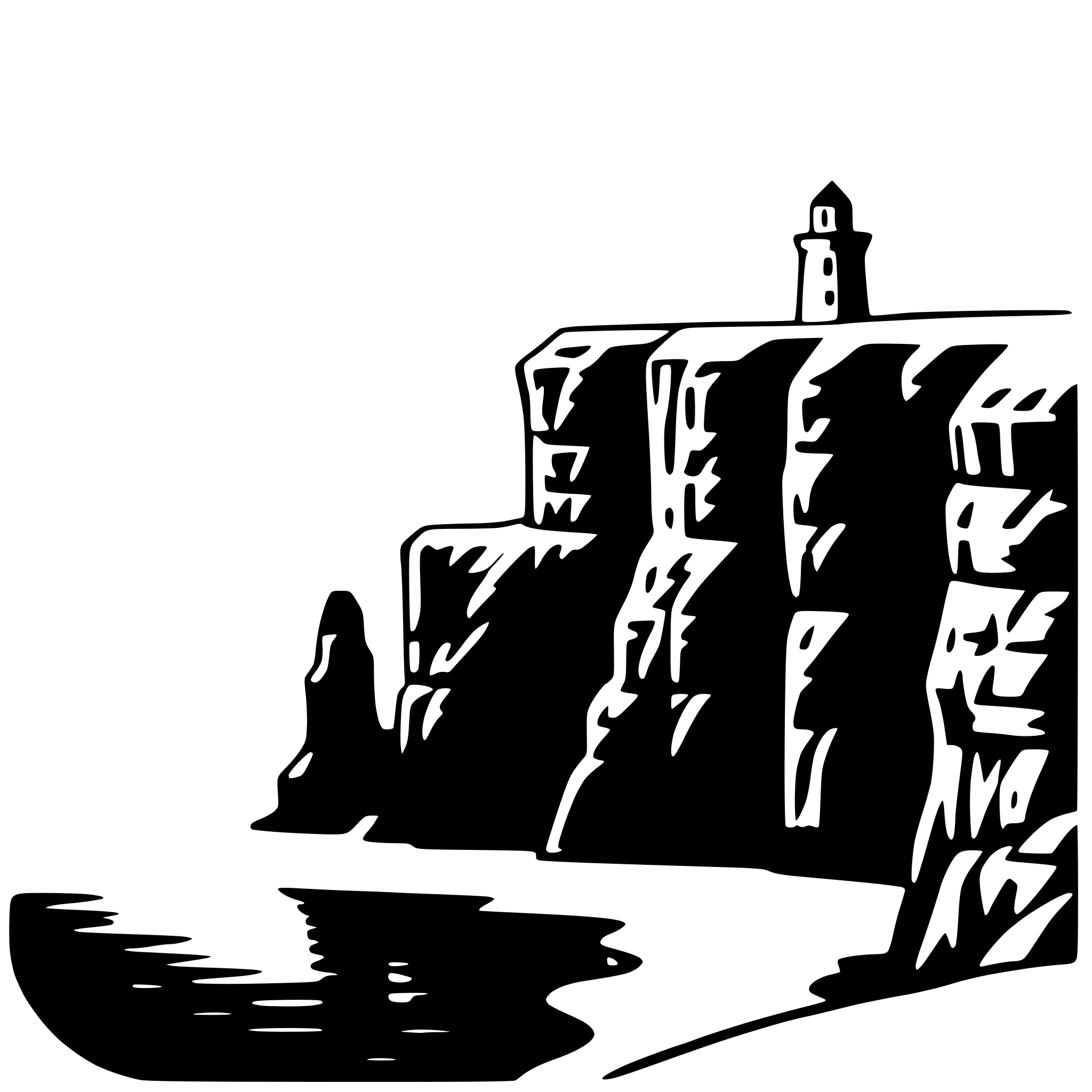 The SVG depicts a stylized, black and white illustration of a coastal scene. The main objects are a lighthouse perched on a rocky outcrop, a body of water, and a boat. The lighthouse is situated at the top of the cliff, overlooking the water. The boat is shown in the water, with its bow facing towards the lighthouse. The cliff face is rugged and textured, suggesting erosion and weathering. The water appears calm, with gentle ripples indicating a peaceful sea. The overall composition conveys a sense of tranquility and isolation, with the lighthouse serving as a beacon of guidance for vessels at sea. 