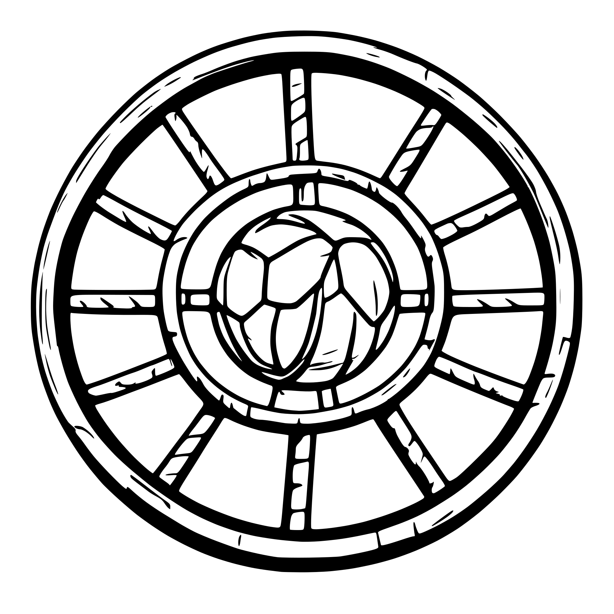 AI-generated SVG of a An old ship wheel with a ball of yarn forming the circular part, and knitting sticks creating 7 handles around the outside