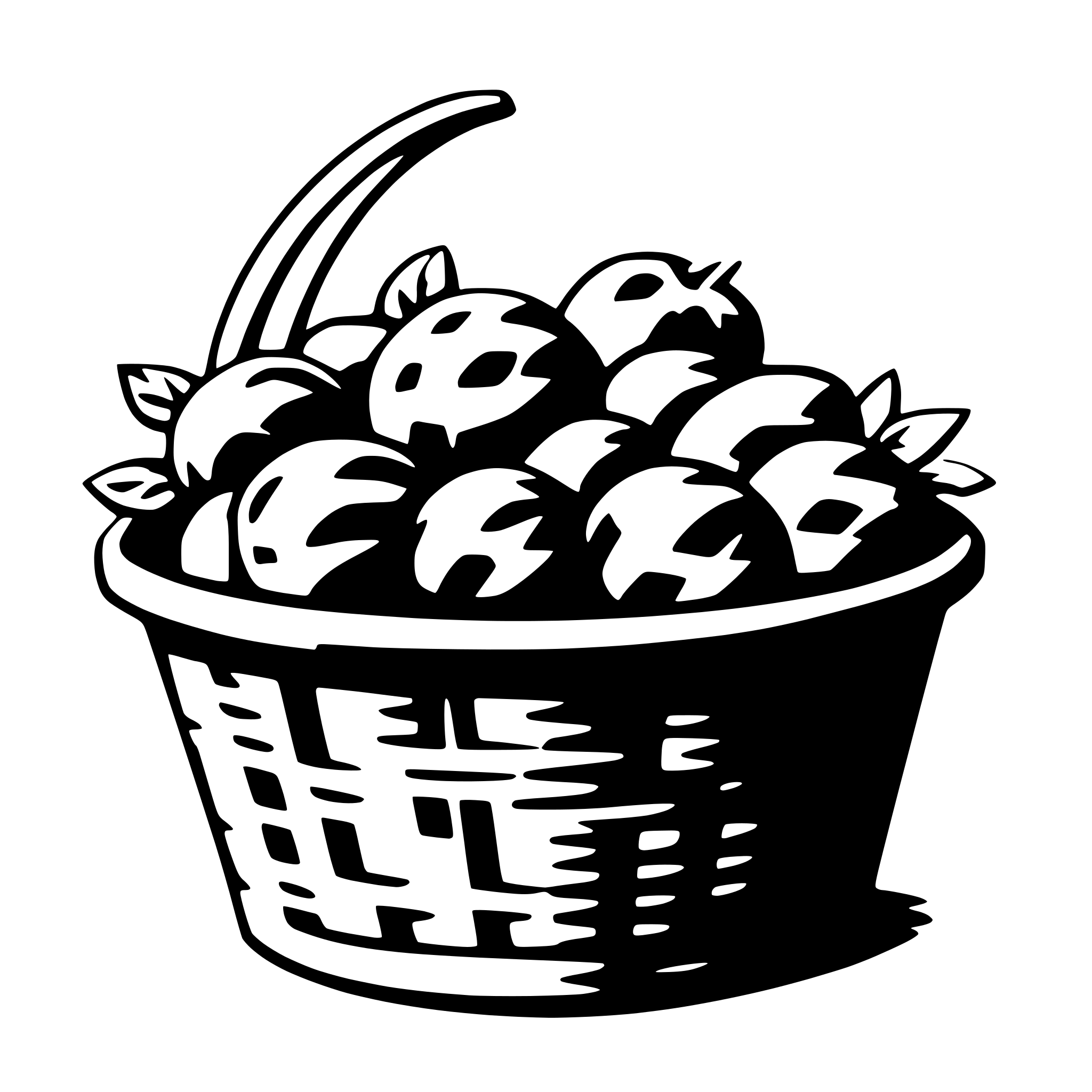 The SVG depicts a black and white illustration of a woven basket filled with spherical fruits. The basket has a handle on one side and is placed against a plain background. The fruits appear to be a type of berry or small round fruit, with a simple, stylized design that suggests texture and possibly a pattern on their surface. The illustration is minimalistic, with no additional details or text. The style is reminiscent of a line drawing with shading to suggest depth and volume. 