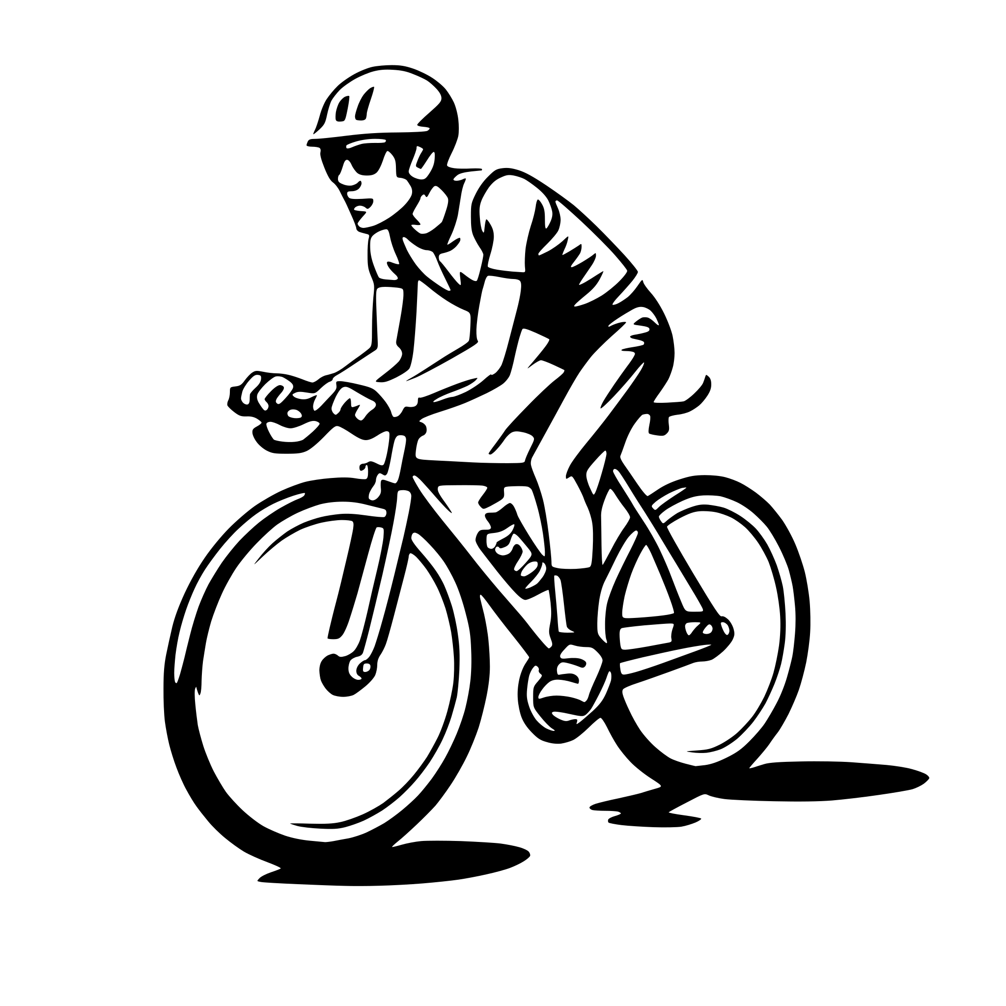 The SVG depicts a stylized black and white illustration of a person riding a bicycle. The rider is wearing a helmet and sunglasses, and is dressed in a short-sleeved shirt and shorts. The bicycle has two wheels, a seat, handlebars, and a chain. The rider's arms are extended forward, and the legs are bent at the knees, suggesting motion. The bicycle is positioned on a surface that casts a shadow beneath it, indicating a light source from above. The SVG does not contain any text. 