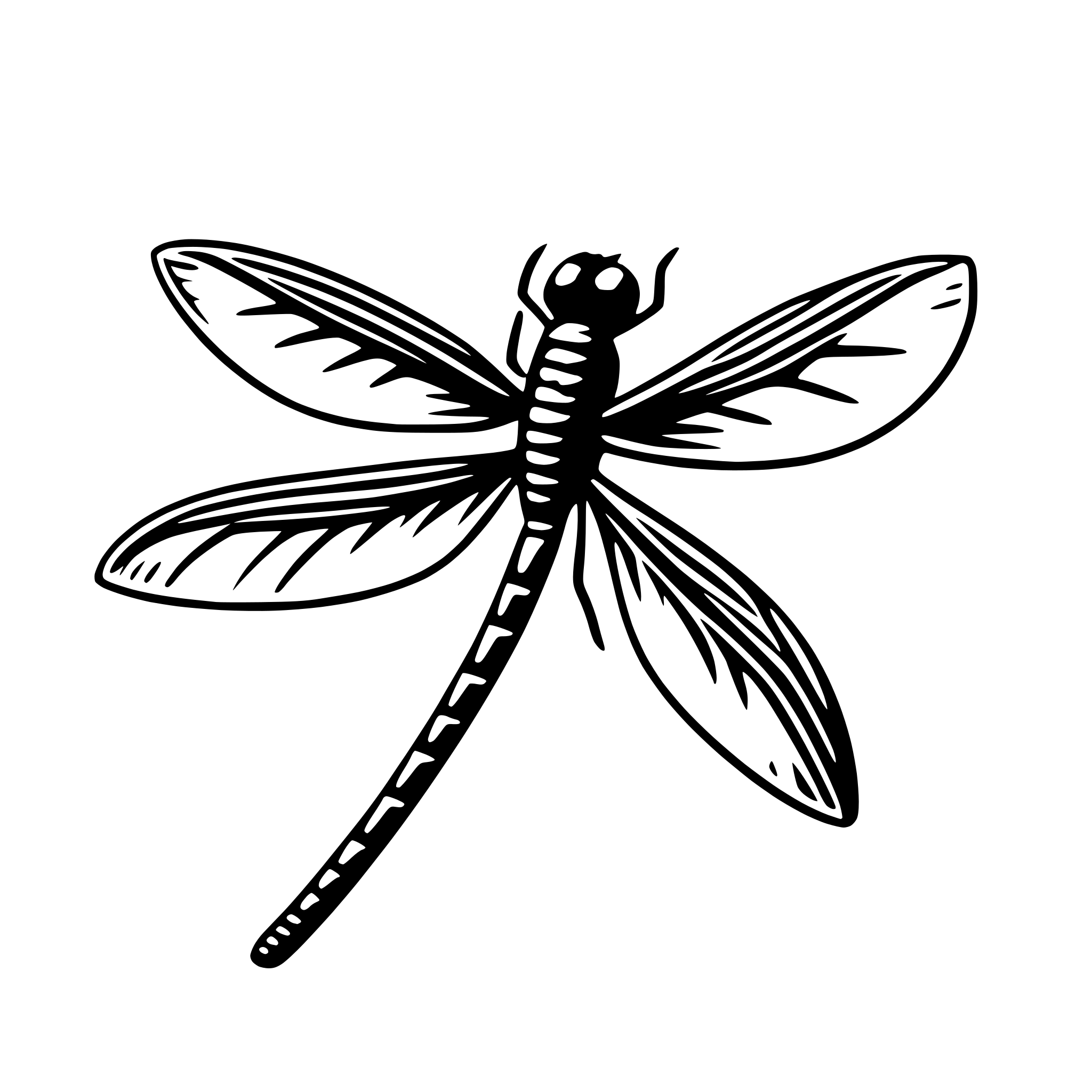 The SVG shows a stylized black and white illustration of a dragonfly. The dragonfly is depicted with its wings spread out, and its body is elongated with a series of segments. The head of the dragonfly is small and pointed, with two antennae. The dragonfly is facing towards the right side of the SVG. The style of the illustration is simple and graphic, with clean lines and no shading or textures. There is no interaction between objects as the dragonfly is the sole focus of the SVG. 
