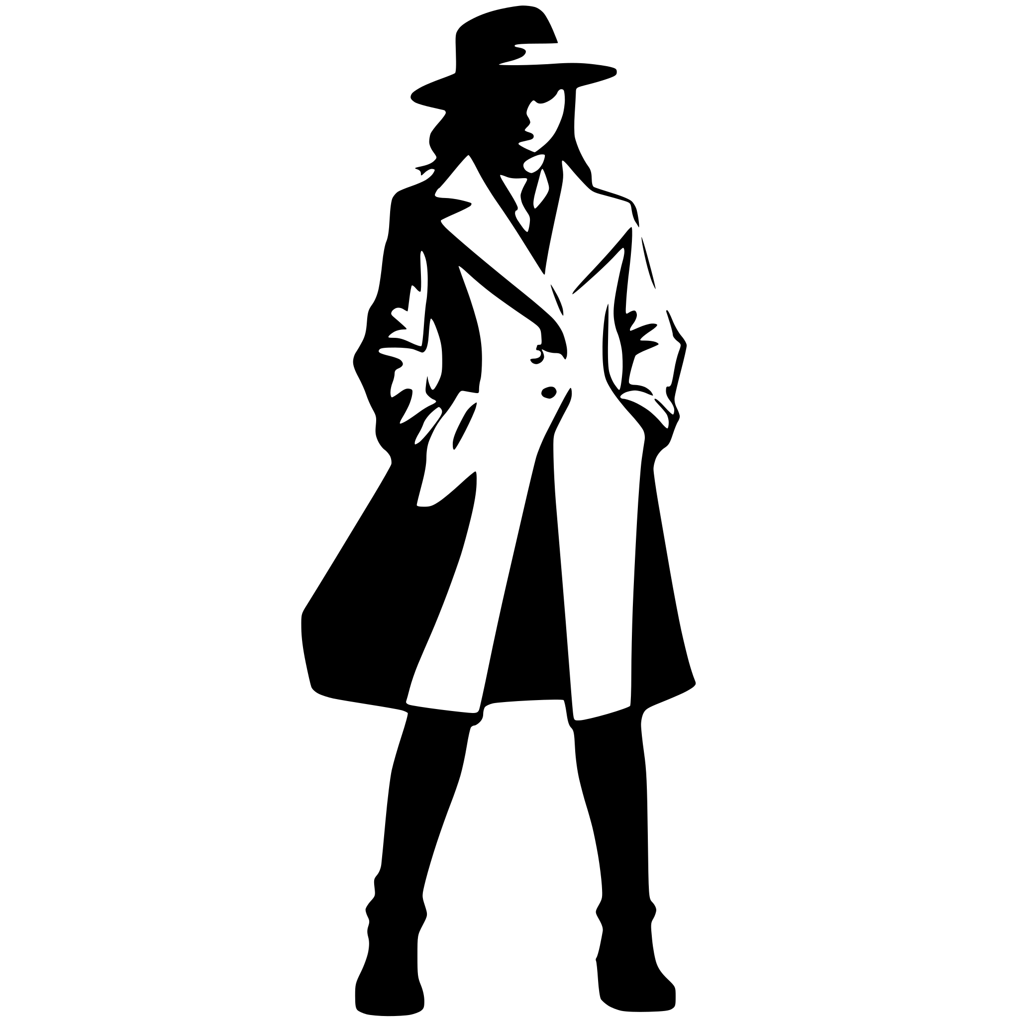 AI-generated SVG of a detective silhouette head to toe female in a trench coat fedora whole body