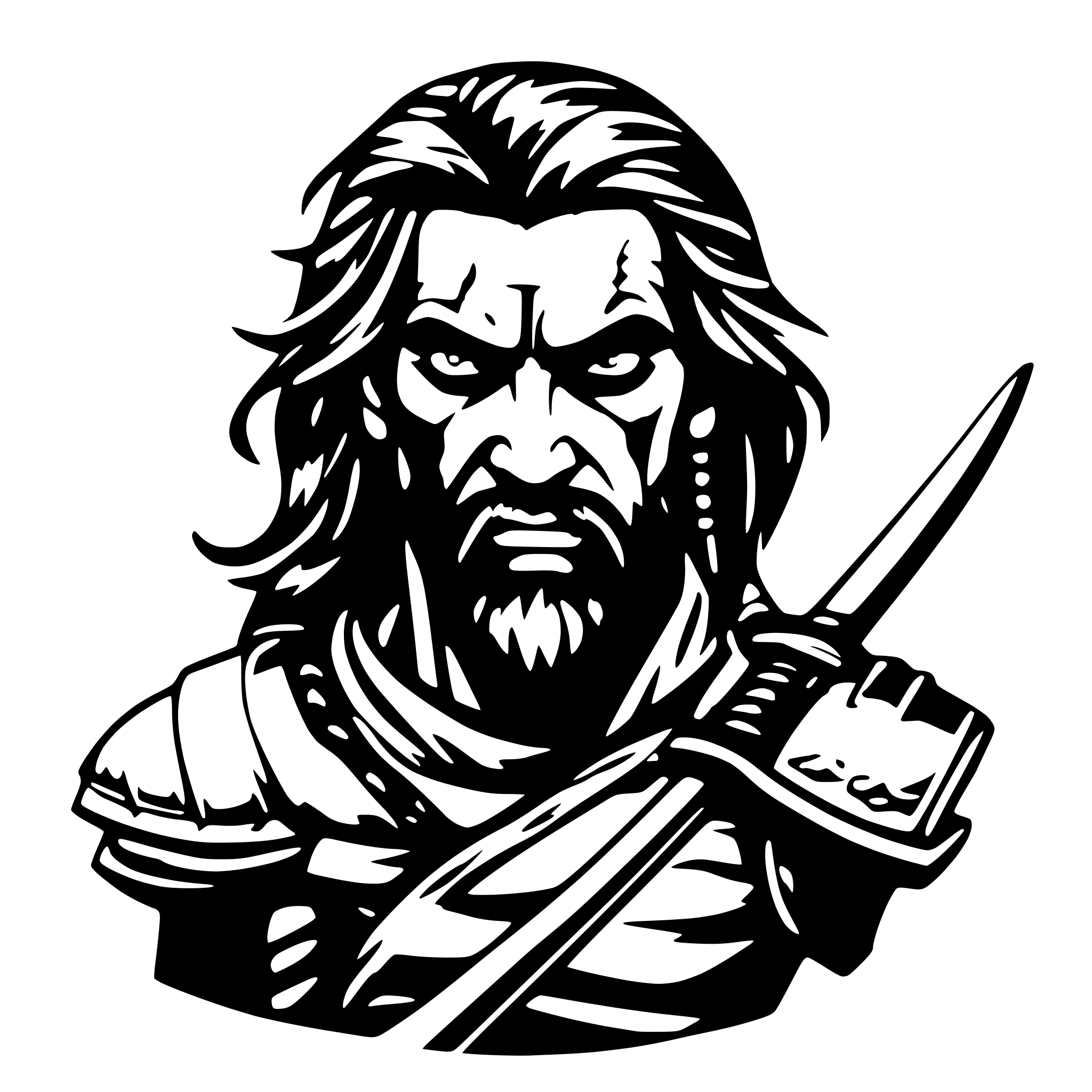AI-generated SVG of 'make something like a Kratos of god of war with a samurai hair and katana showing angry on face'