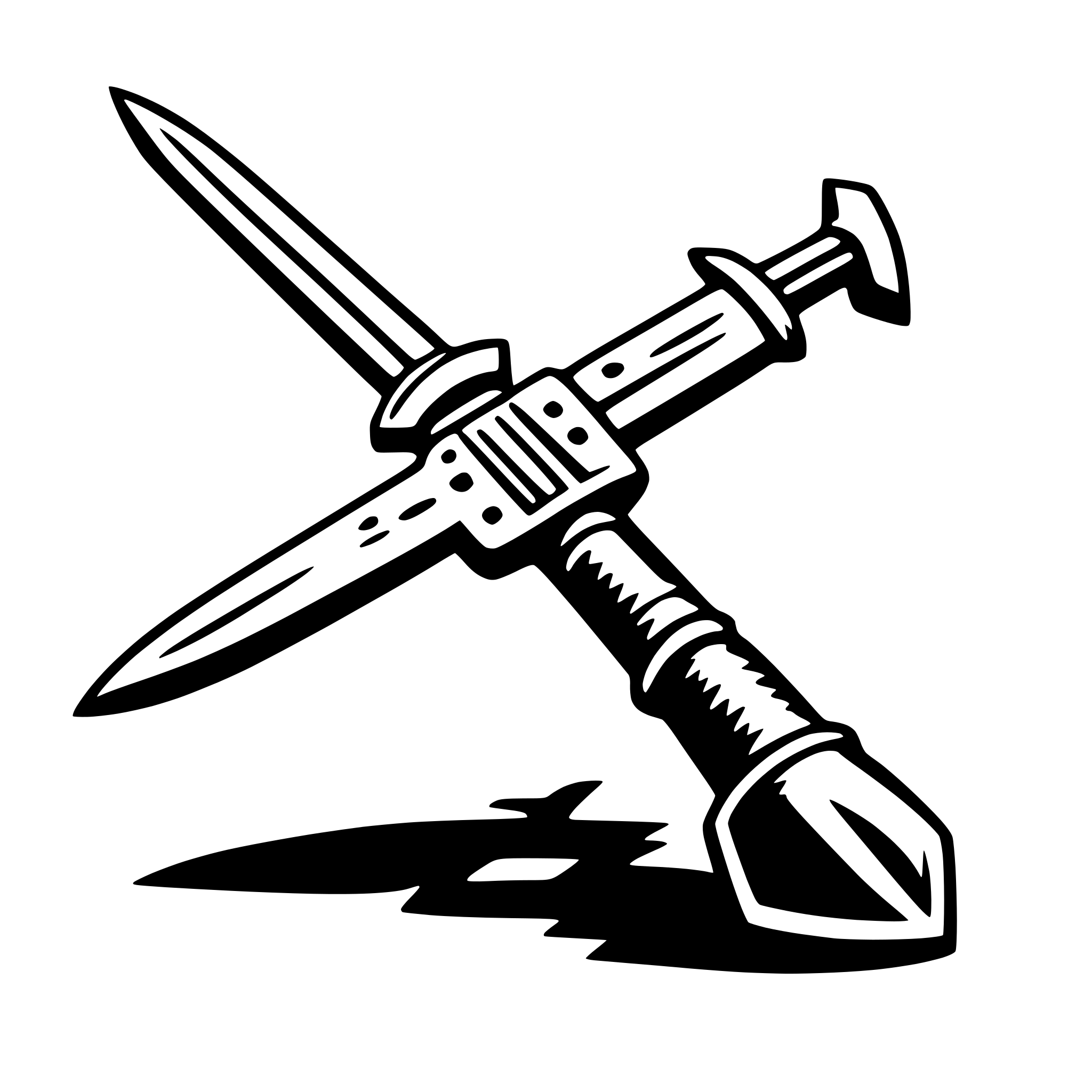The SVG depicts a stylized sword with a simple, cartoon-like design. The sword has a long, straight blade with a pointed tip, and a handle with a circular grip. The handle appears to be attached to the blade with a rivet, and there is a small, decorative element at the end of the handle. The sword is positioned diagonally, with the blade pointing upwards and the handle pointing downwards. The sword is casting a shadow on the surface it is resting on, indicating a light source from the upper left side of the SVG. 