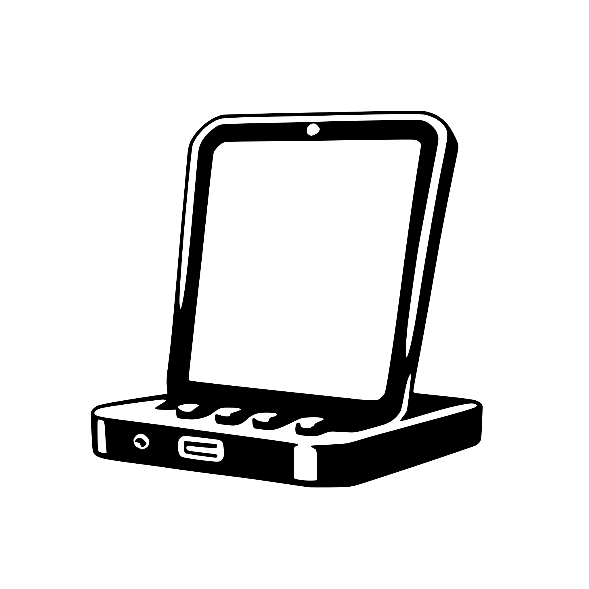 The SVG shows a stylized, simplified representation of a laptop computer. The laptop has a rectangular shape with a screen at the top and a keyboard at the bottom. The screen is blank, and the keyboard has a series of keys that are likely intended to represent the function keys and possibly the space bar. The laptop is depicted in a way that suggests it is open and ready for use. There is no interaction between the objects as it is a static SVG. 
