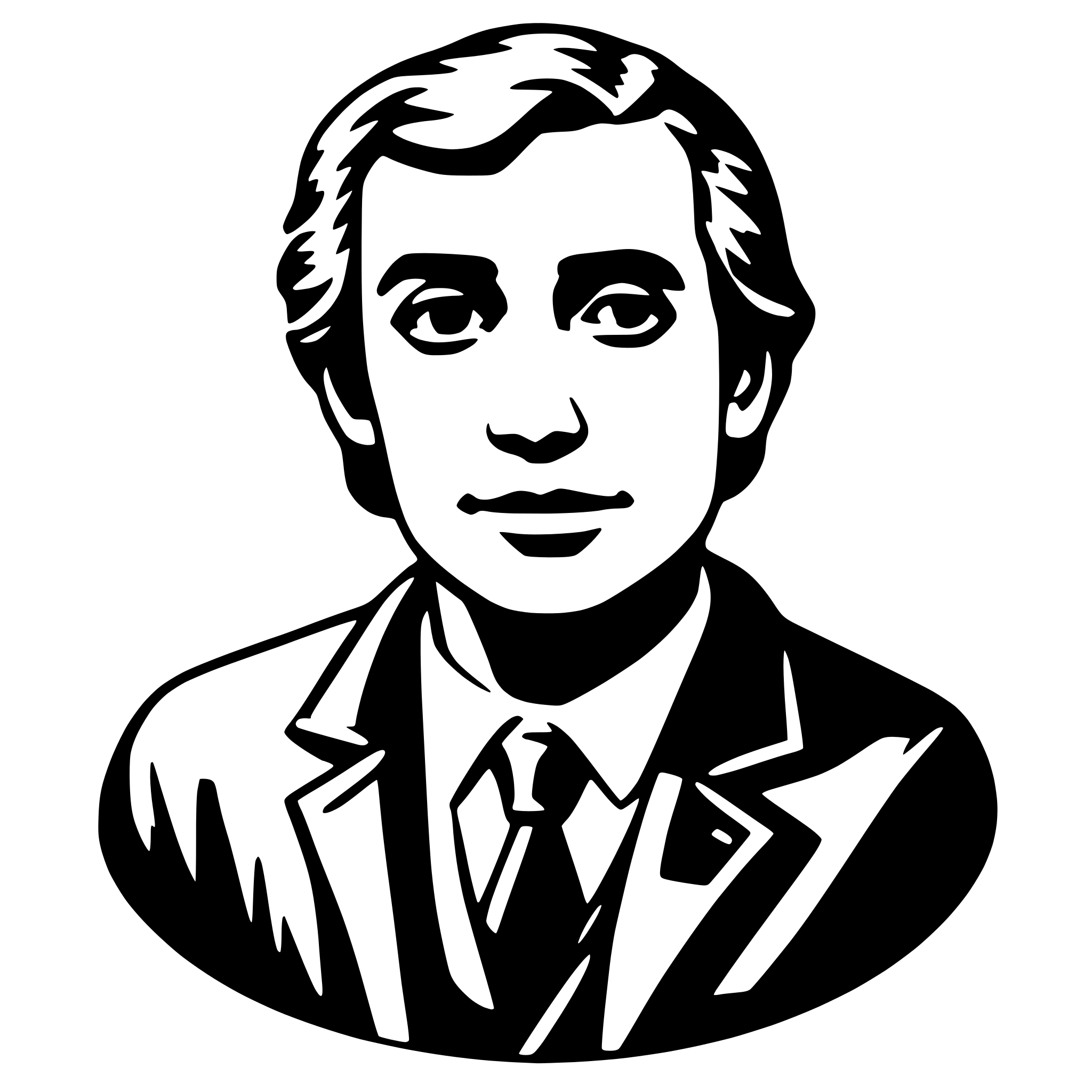The SVG depicts a stylized black and white portrait of a man. The man is shown with a neutral expression, looking directly at the viewer. He has short hair and is wearing a suit with a tie. The SVG is a vector graphic, which means it is composed of lines and shapes that can be scaled without losing quality. The graphic is simple and does not contain any additional objects or interactions. 