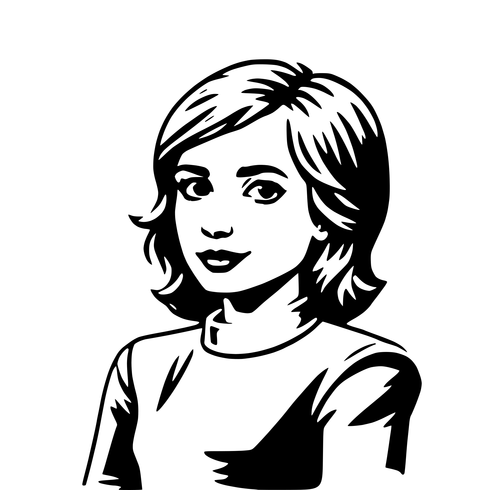 The SVG is a black and white line drawing of a woman's profile. She has short hair, and her expression is neutral. The woman is wearing a turtleneck sweater. The SVG is simple and does not contain any additional objects or interactions. 