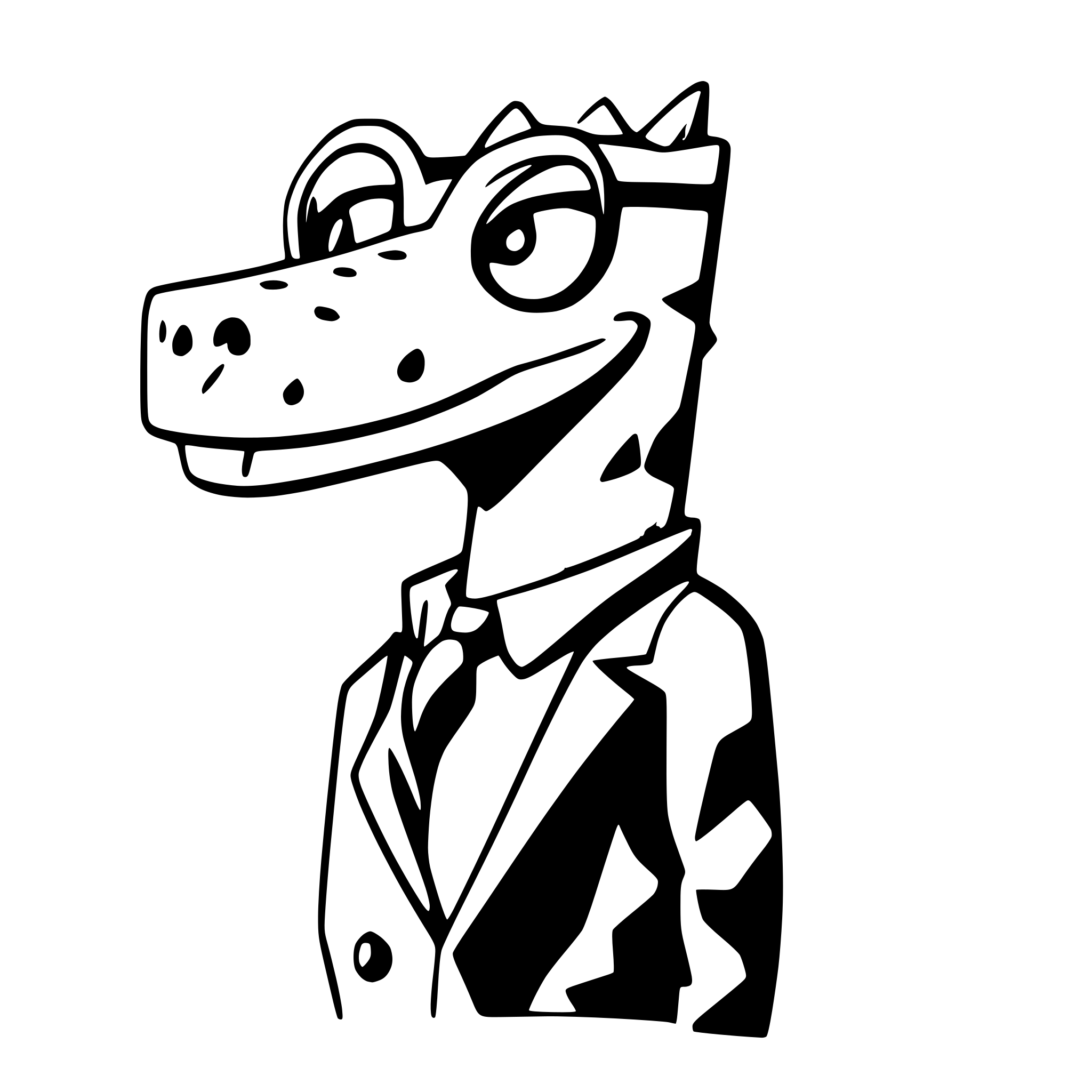 AI-generated SVG of a full body profile of a minimalistic, geometric cartoon crocodile who look studious with glasses
