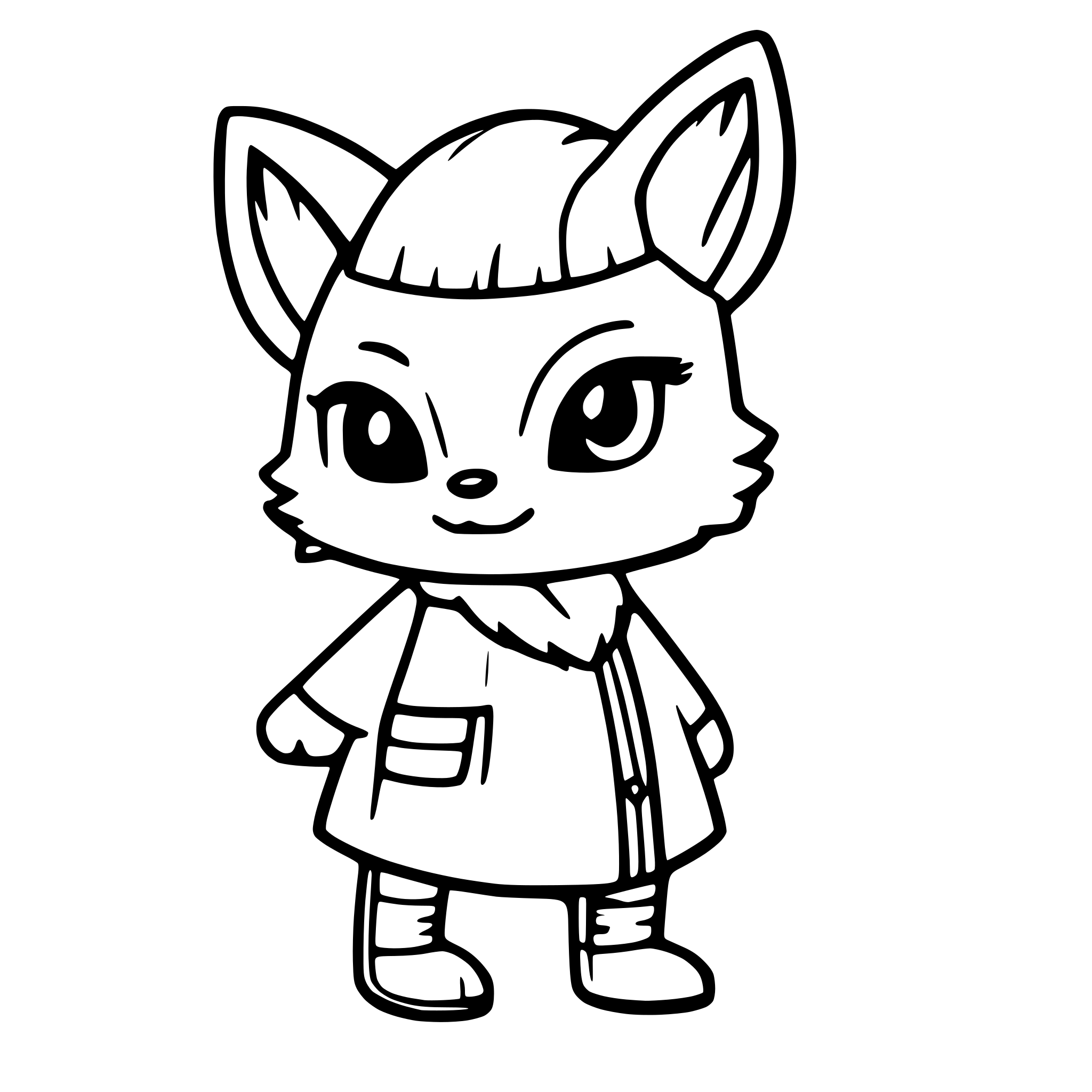 AI-generated SVG of a baby fox wearing clothes outside, line drawing, black and white, Coloring Page, black and white, line art, white background, Simplicity, Ample White Space. The background of the coloring page is plain white to make it easy for young children to color within the lines.