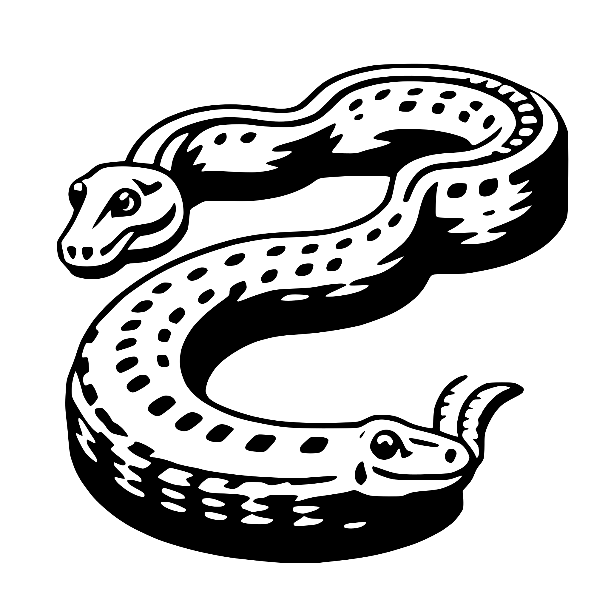 The SVG depicts two snakes intertwined in a coiled position. The snake on the left is coiled with its head facing towards the right, while the snake on the right is coiled with its head facing towards the left. The snakes are stylized with a patterned body and are intertwined in such a way that their bodies form a continuous loop. The snakes are not interacting with each other in a direct sense but are instead entwined in a harmonious and symmetrical manner. 