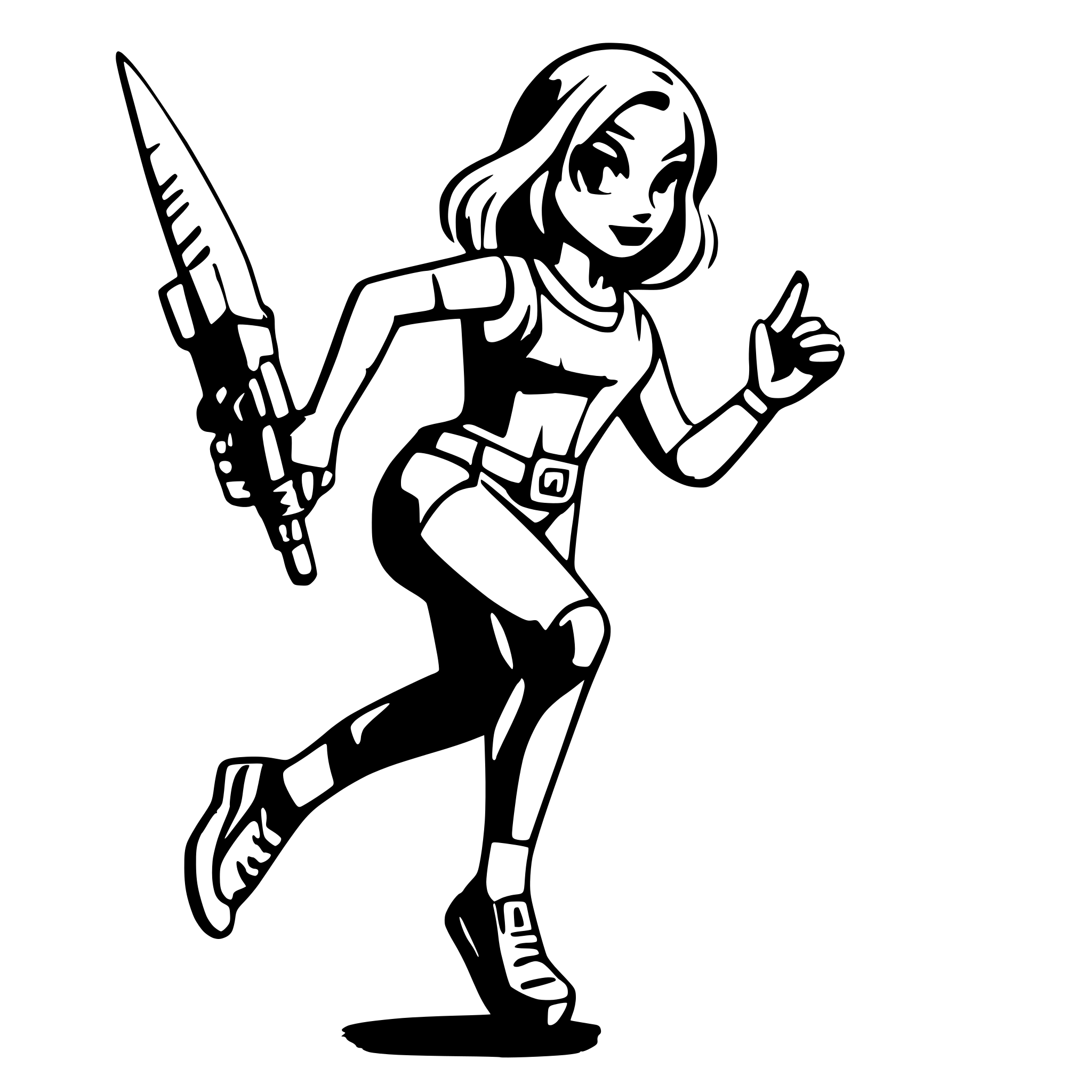 AI-generated SVG of a woman in a futuristic grey jumpsuit running with a futuristic weapon