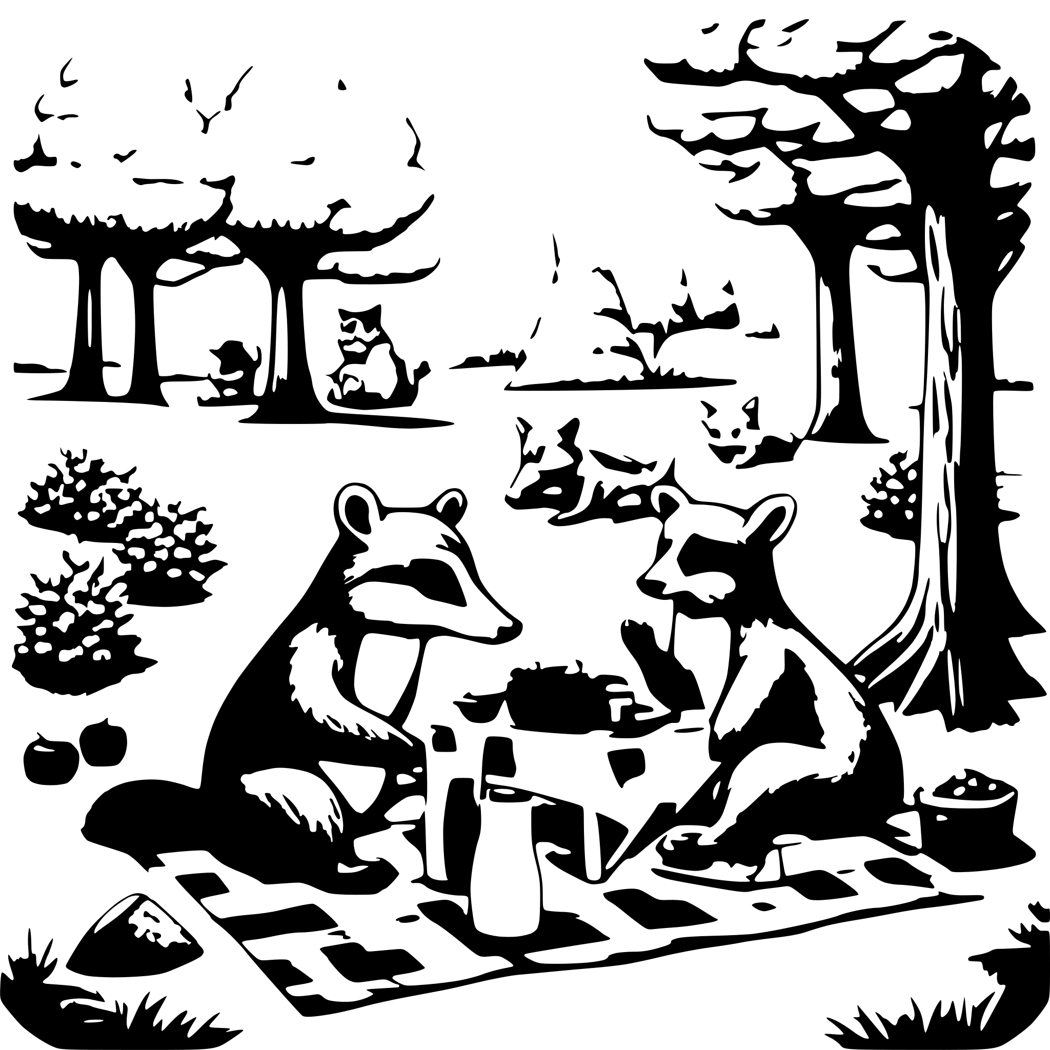 AI-generated SVG of a A cute and detailed coloring book-style scene of a group of animals having a picnic in the forest, drawn in the Bobbie Goods style. In the center, a bear wearing an apron serves juice to its friends. A rabbit and a raccoon share a basket of fruit, while a fox holds a sandwich. A checkered picnic blanket is spread on the grass, surrounded by flowers, mushrooms, and tall trees with large leaves. Small birds watch the scene from nearby branches. The drawing has clean, bold outlines, no shading, and