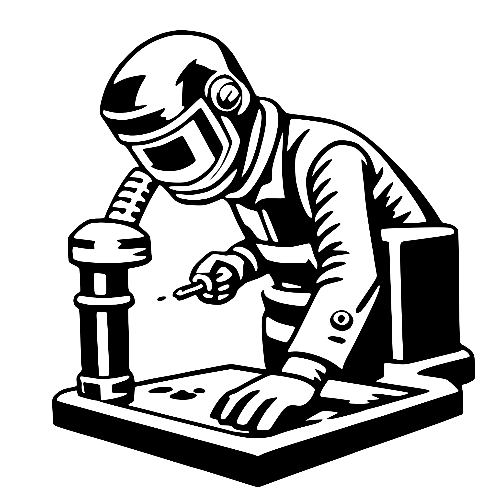 The SVG depicts a stylized illustration of an astronaut working on a device. The astronaut is seated and appears to be focused on the task at hand. The device has a prominent, cylindrical component that the astronaut is interacting with, possibly using a tool to manipulate it. The astronaut is wearing a helmet with a visor, and the suit has a detailed design with stripes and what appears to be a life support system. The overall style is reminiscent of a comic book or graphic novel illustration. 