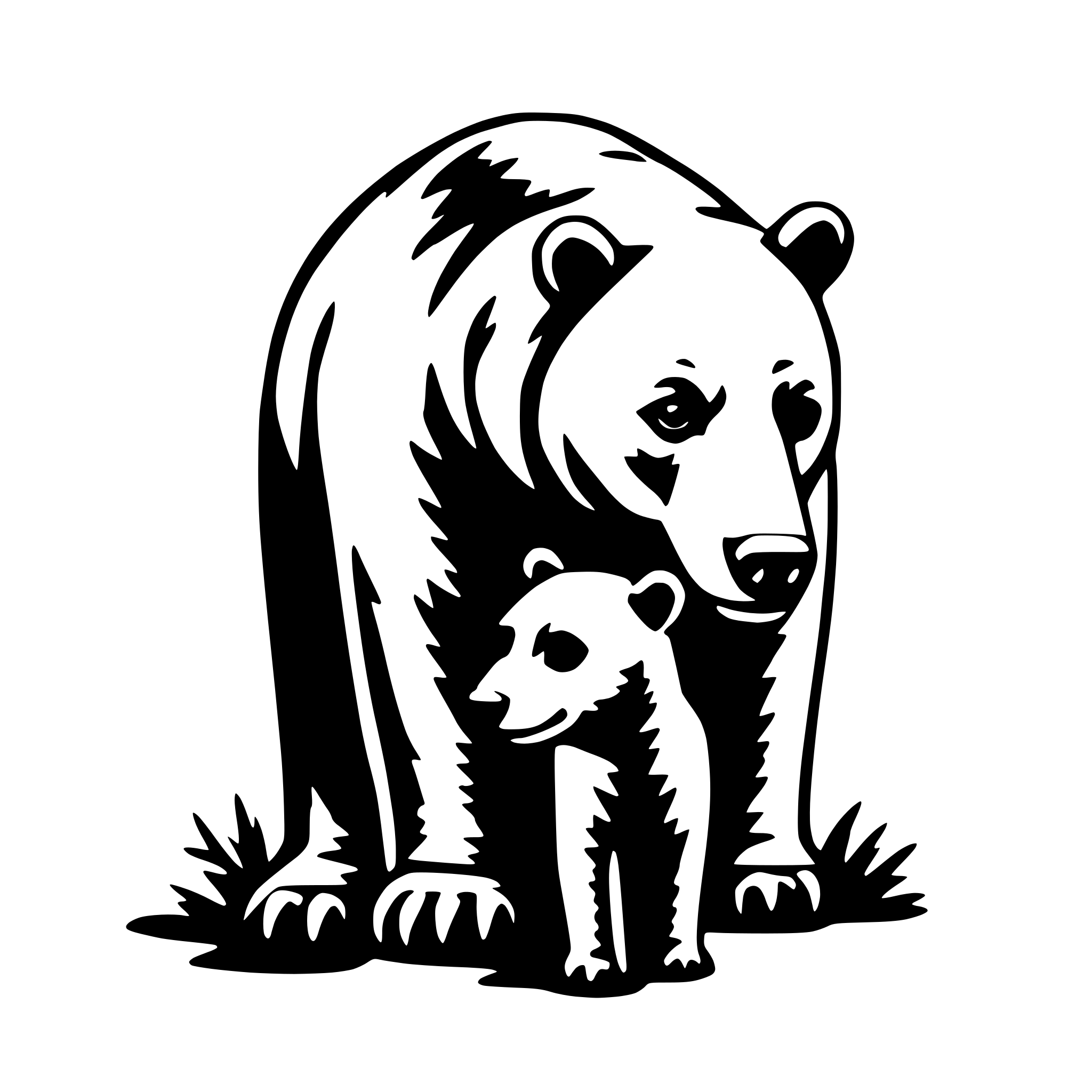 The SVG depicts a mother bear and her cub. The mother bear is standing upright on her hind legs, with her front paws resting on the ground. She is facing to the left, and her body is oriented towards the right side of the SVG. The cub is standing in front of the mother bear, facing towards the left, and appears to be looking up at her. The cub's body is oriented towards the right, and it is positioned slightly to the left of the mother bear. The background is plain and does not provide any additional context or details. The SVG is a simple, stylized representation of the animals, with no additional elements or text. 