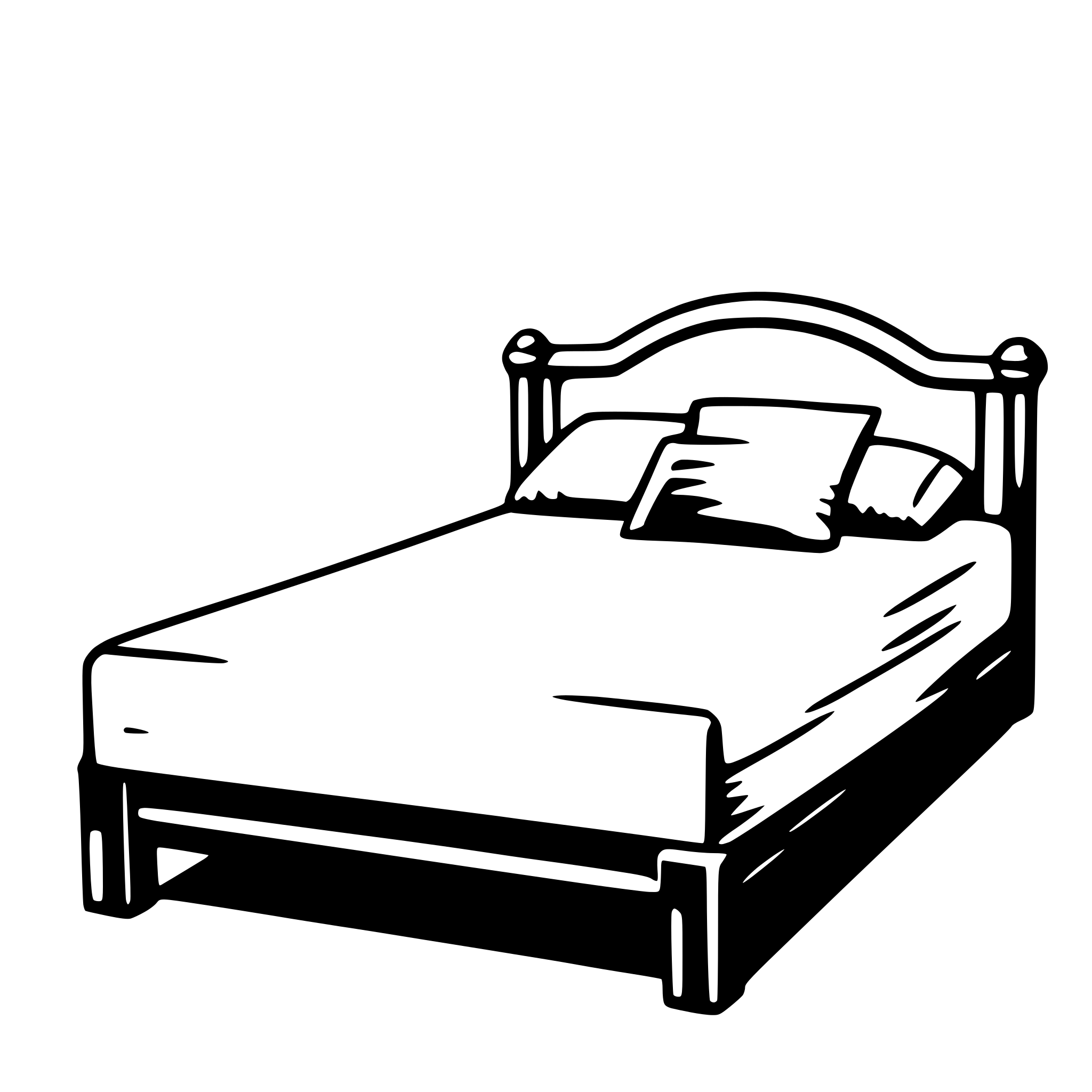 The SVG depicts a simple, stylized bed with a single pillow. The bed has a headboard, a footboard, and four legs. The bed is oriented with the headboard at the top and the footboard at the bottom. The pillow is placed on the bed, leaning against the headboard. The bed is drawn with clean lines and minimal detail, giving it a flat, two-dimensional appearance. There is no interaction between the objects; they are static and stationary. 