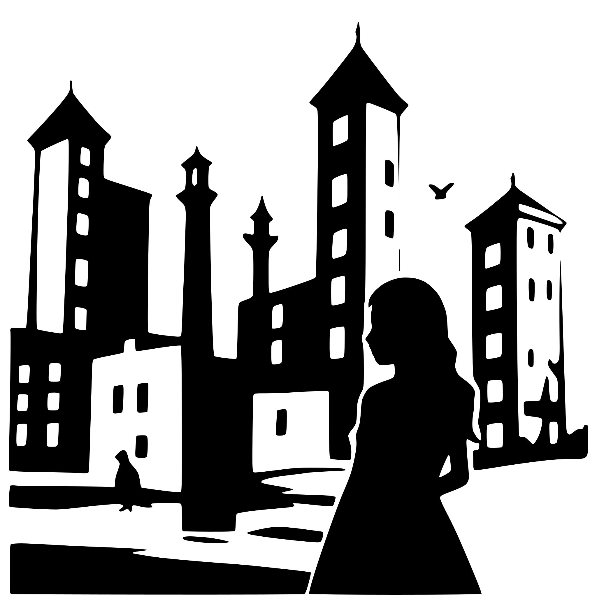 AI-generated SVG of a a creepy girl surrounded by birds in a destroyed city laneway with towering clocktowers and chimneys and looming walls silhouette
