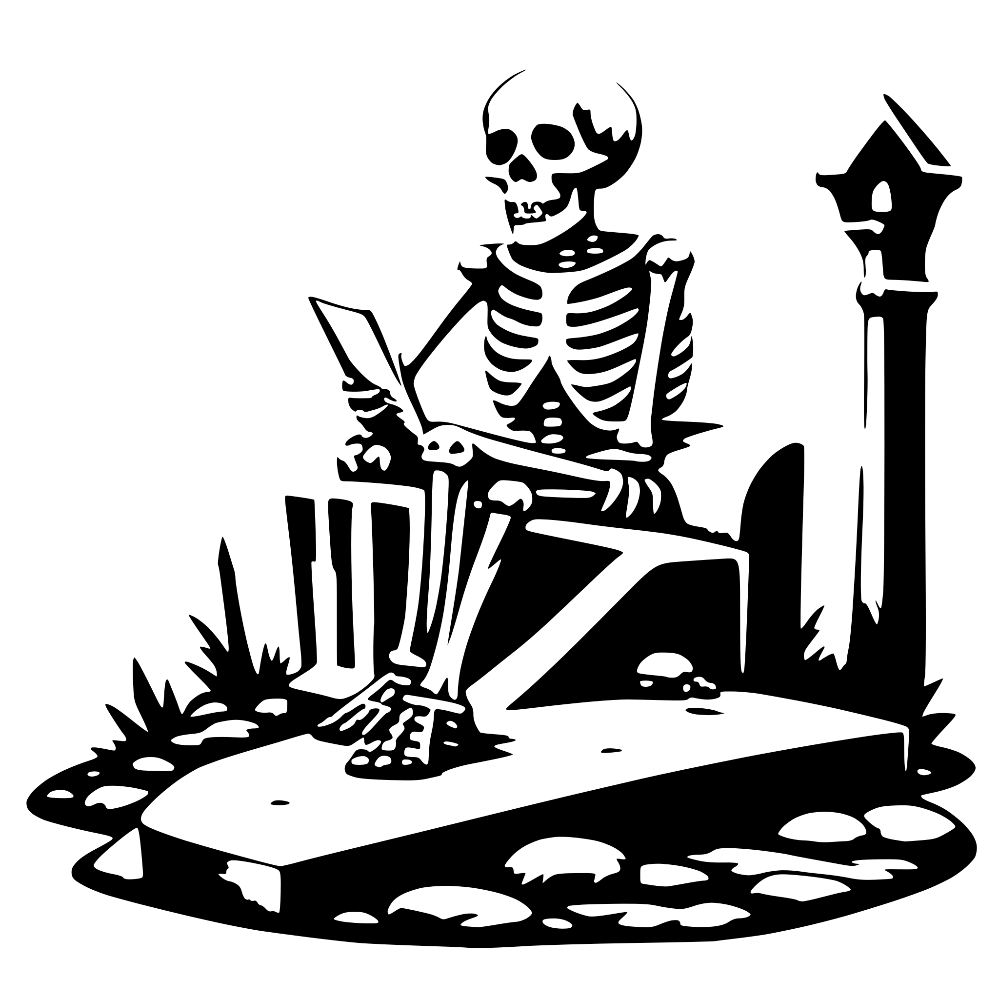 AI-generated SVG of a a skeleton sitting on a grave an reading