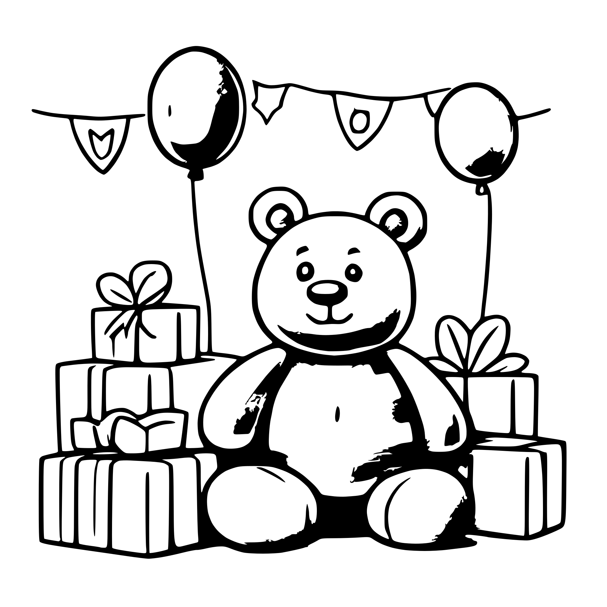 AI-generated SVG of 'A cute teddy bear sitting amongst gifts and balloons with a happy birthday banner in top of him'