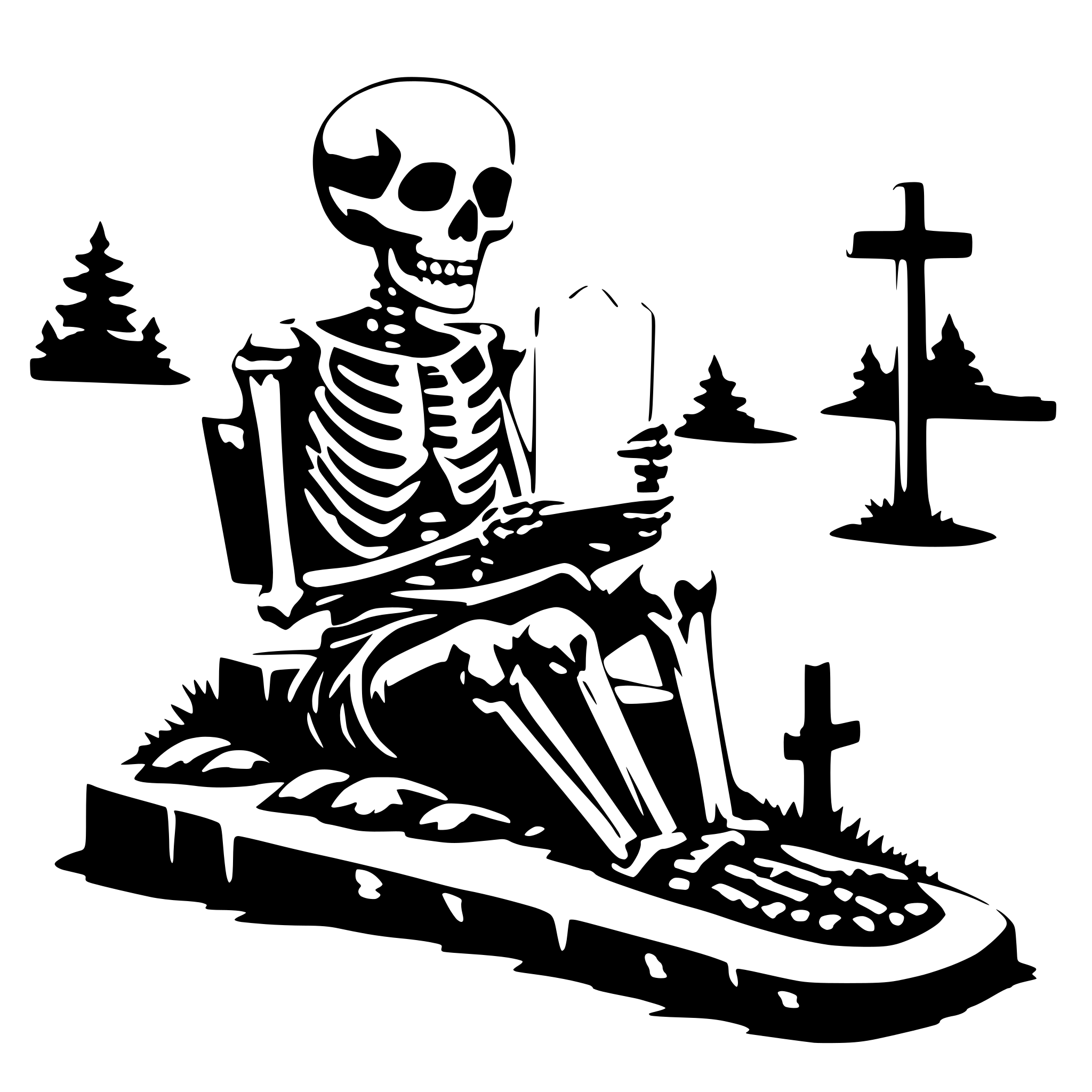 AI-generated SVG of a a skeleton sitting on a grave an reading