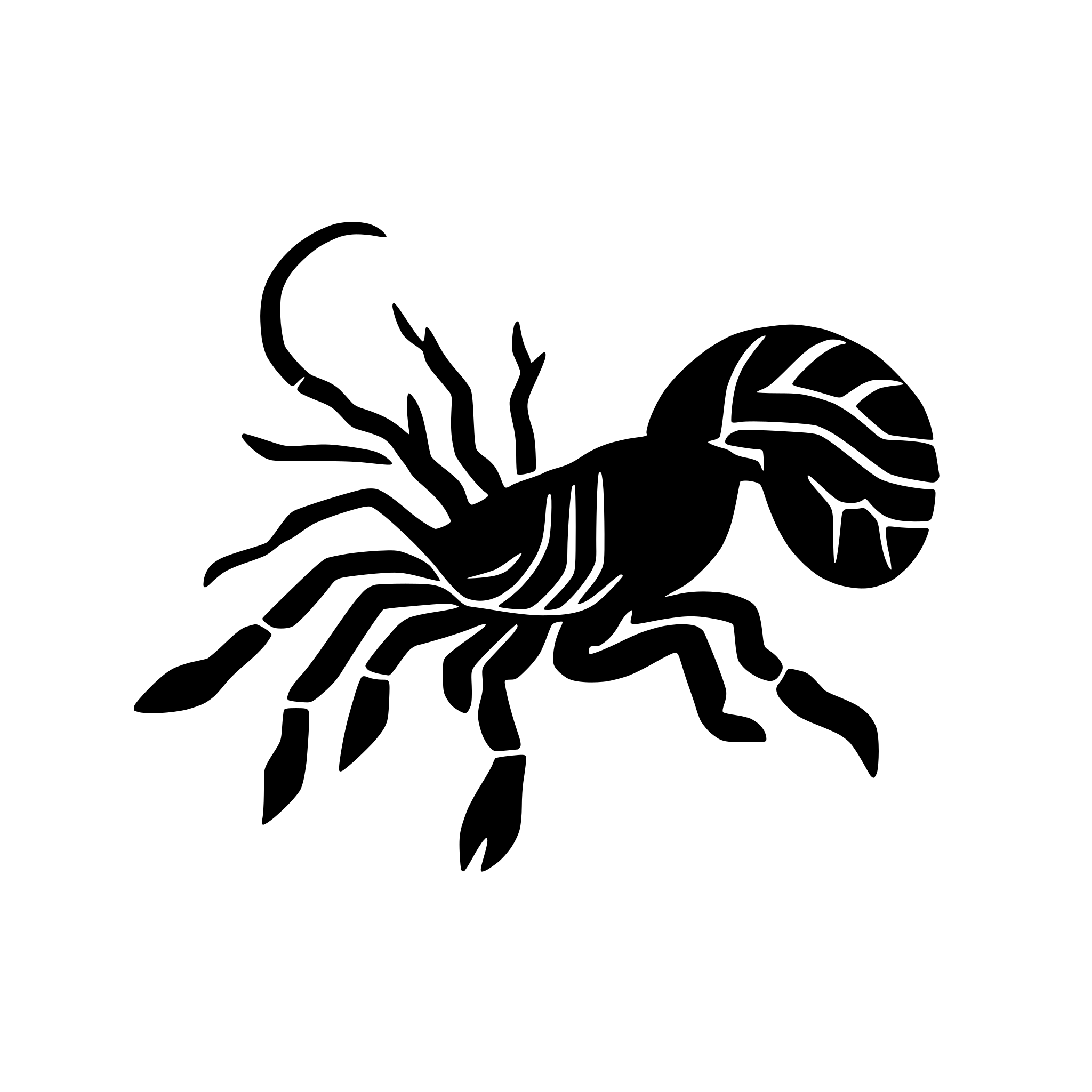 AI-generated SVG of a Create a minimalistic, detailed outline drawing of a scorpion from a side view for use as a really simple logo. The illustration should consist of clean, precise lines to emphasize the scorpion’s form, including its segmented body, arched tail, sharp claws, and multiple legs. Avoid shading, colors, or excessive detail—focus on essential contours for a sleek, modern, and easily recognizable design. The scorpion’s tail should naturally curve over its body, and its pincers should be well-defined. E