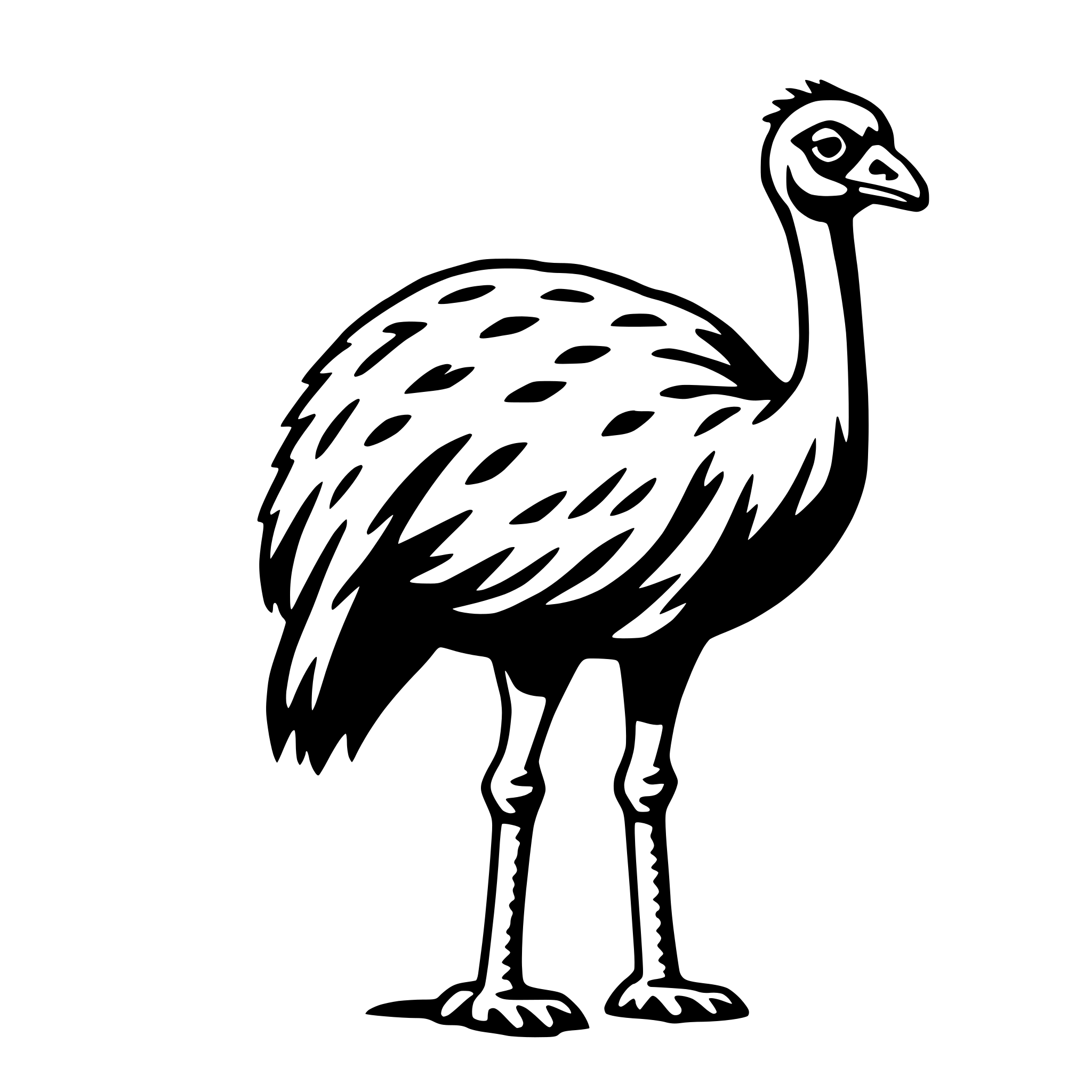 The SVG depicts a stylized, cartoon-like ostrich. The ostrich is standing upright with its long neck extended forward, and its head is turned slightly to the left. It has a prominent beak and large, round eyes. The ostrich's feathers are depicted with a pattern of darker circles on a lighter background, giving it a textured appearance. The ostrich's legs are thin and long, and it has two toes visible on each foot. The background is plain and does not interact with the ostrich. 