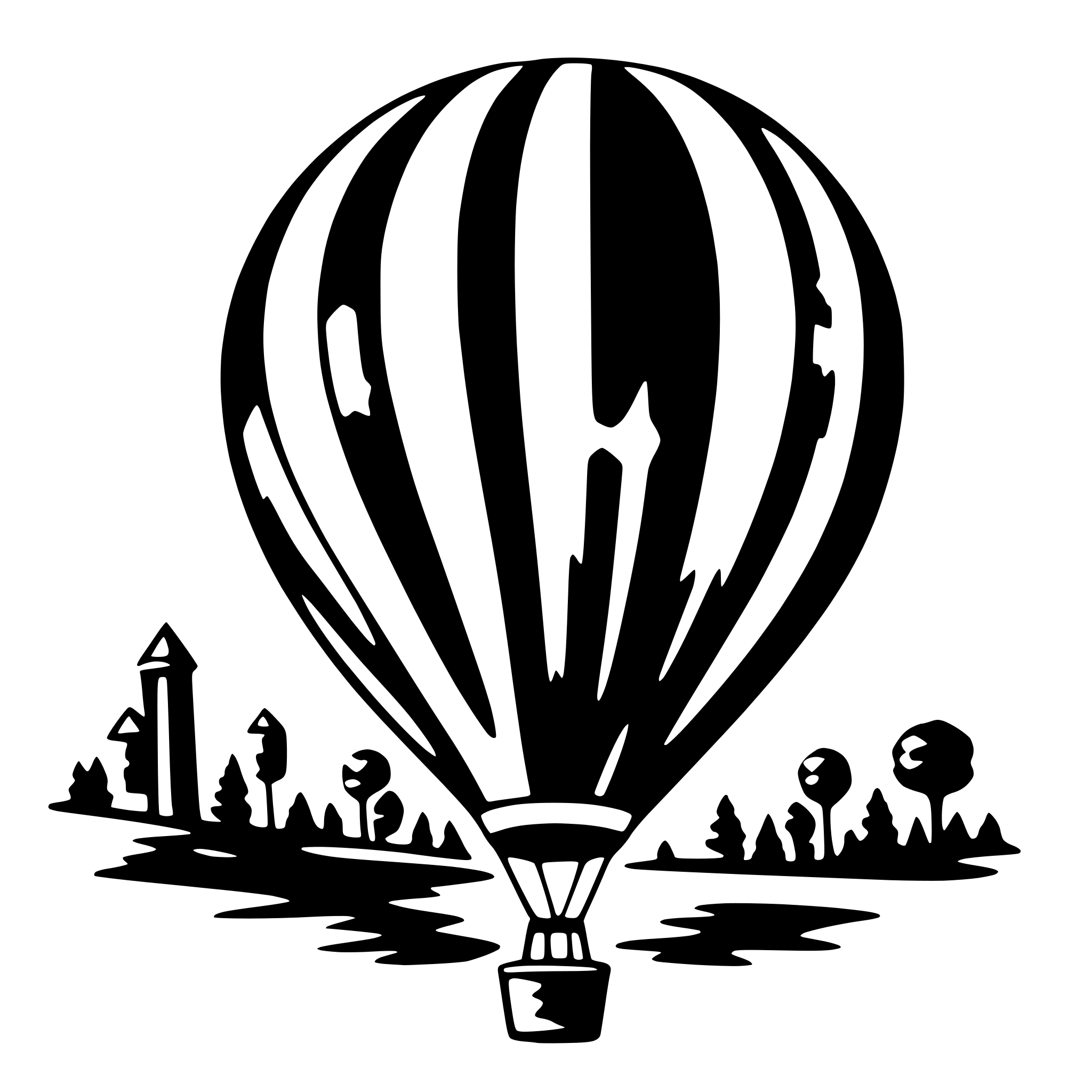 The SVG features a stylized depiction of a balloon with a basket attached to its base, floating above a landscape. The balloon has a classic design with alternating black and white stripes, and it appears to be filled with a lighter color, possibly indicating helium. Below the balloon, there is a silhouette of a landscape that includes a tower, trees, and a body of water. The balloon is tethered to the ground by a rope, which is connected to the basket. The overall style of the SVG is reminiscent of a classic hot air balloon, and the use of black and white gives it a timeless and iconic appearance. 