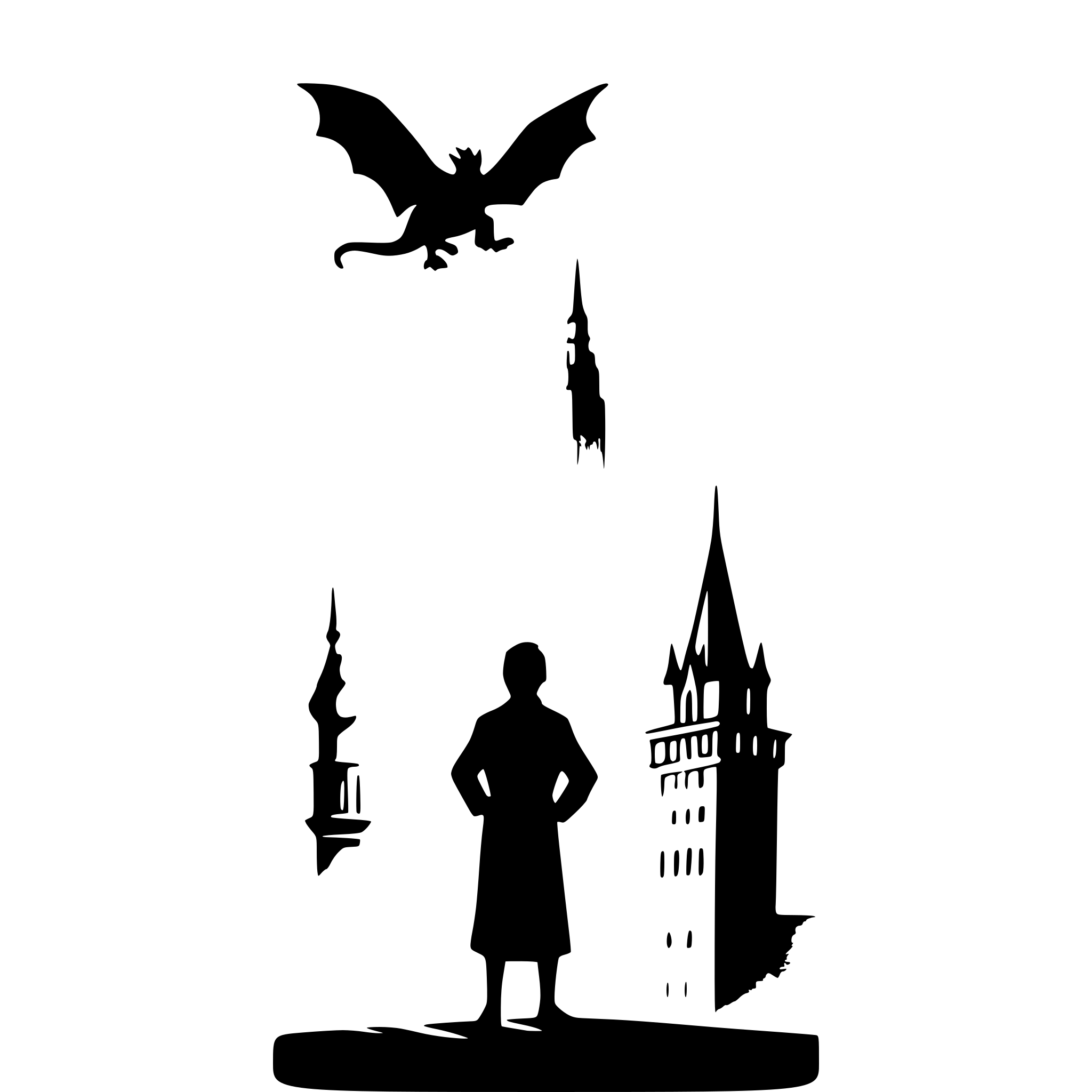 AI-generated SVG of a a man is standing on the corner of a rooftop overlooking the city with his back to us while a dragon rises from the skyline the dragon is facing directly towards the camera and the buildings are on fire