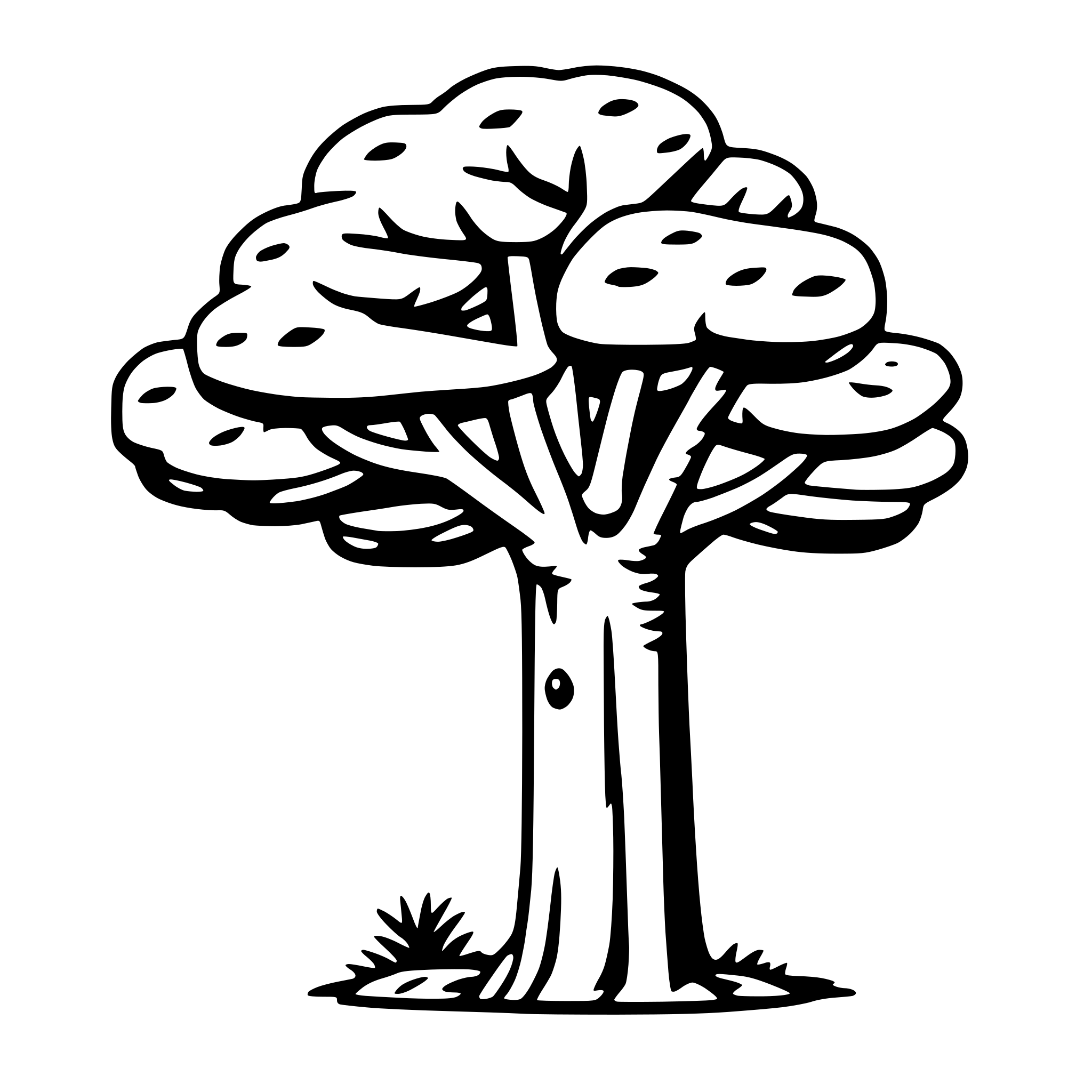 The SVG shows a simple line drawing of a tree with a rounded canopy and a straight trunk. The tree is depicted with a few branches extending from the top, and there is a small tuft of grass at the base of the trunk. The style is minimalistic and does not include any text or additional elements. The tree is the central object in the SVG, and there is no interaction between the tree and any other objects, as it is the sole focus of the graphic. 