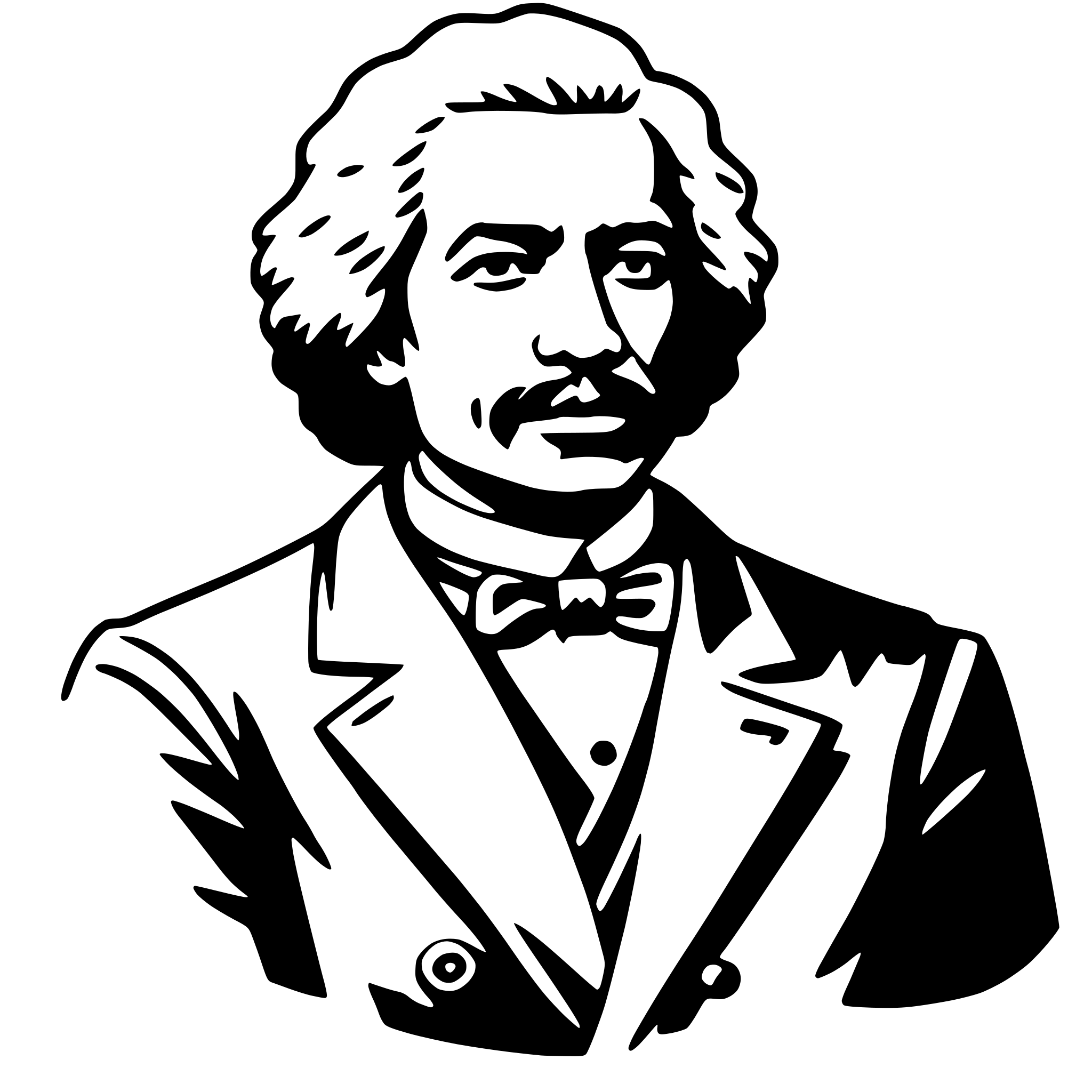 The SVG depicts a stylized black and white illustration of a man. He has a full beard and mustache, and his hair is styled in a way that it appears to be curling at the ends. The man is wearing a suit with a bow tie, suggesting a formal or professional attire. The illustration is simple and lacks intricate details, focusing on the silhouette of the man and his clothing. The SVG does not contain any text or additional objects, and the man is the central figure. The style of the illustration is reminiscent of a caricature or a simplified portrait. 