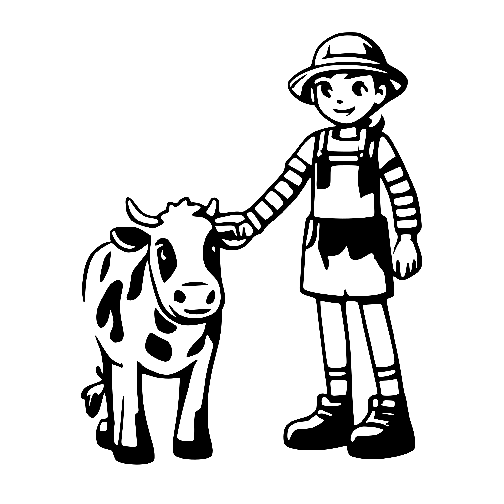 AI-generated SVG of a A Farmer holding a childs hand standing next to a cow