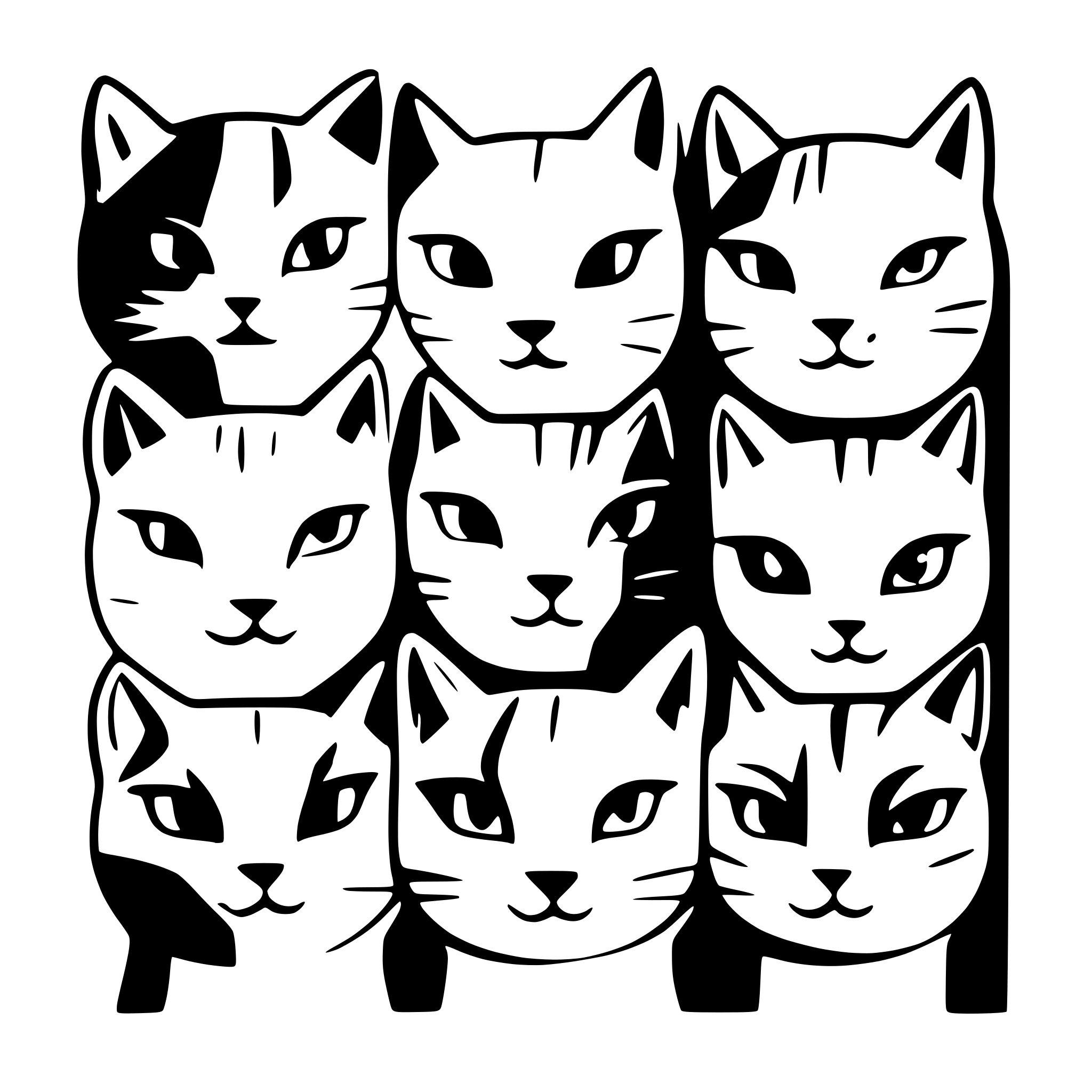 AI-generated SVG of '9 cat heads arranged in a 3 by 3 square with different type of cats'