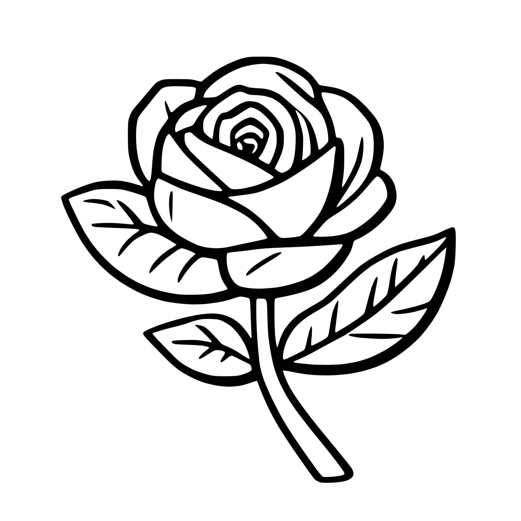 AI-generated SVG of a simple  drawing  of a rose with petals and spikes to color in,  with really thin uniform lines with no line weight variation