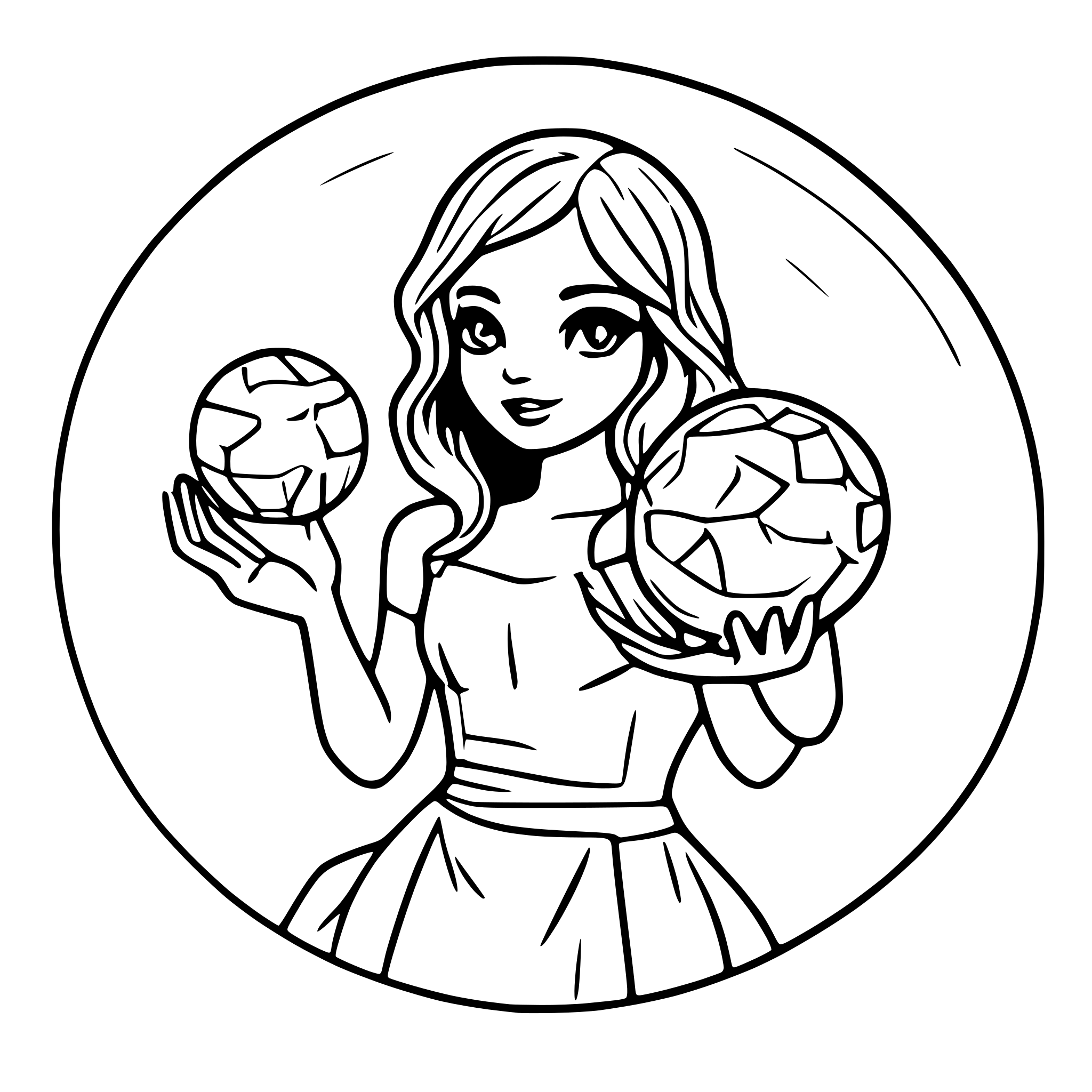 AI-generated SVG of a Mermaid spinning a magical orb with light in her hands. No background, only character outlines.