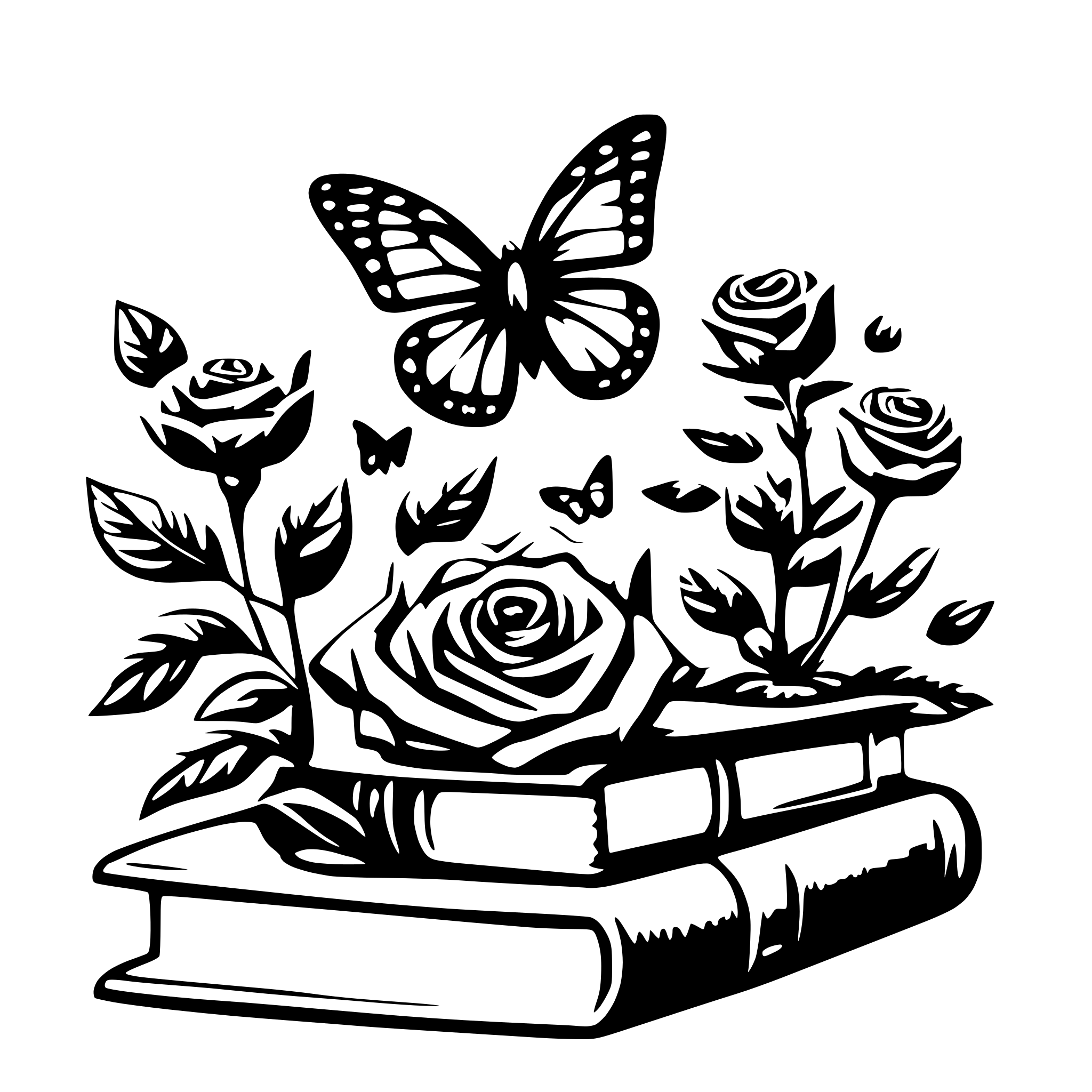 AI-generated SVG of a Butterflies, books, flowers and roses