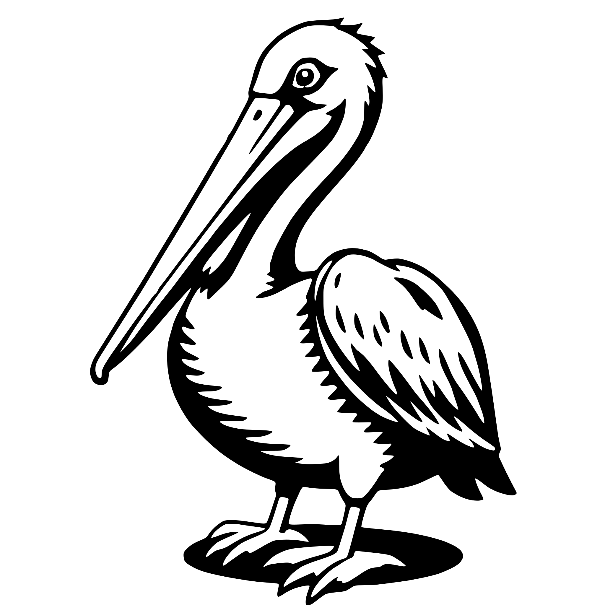 The SVG depicts a stylized black and white illustration of a pelican. The pelican is standing upright with its long beak pointing upwards. It has a large, rounded body with a prominent throat pouch, which is characteristic of pelicans. The wings are folded at the sides, and the legs are tucked under the body. The pelican's eyes are depicted as small, round, and positioned on the sides of the head. The illustration is simple and lacks intricate details, focusing on the basic shapes and outlines to convey the subject. 