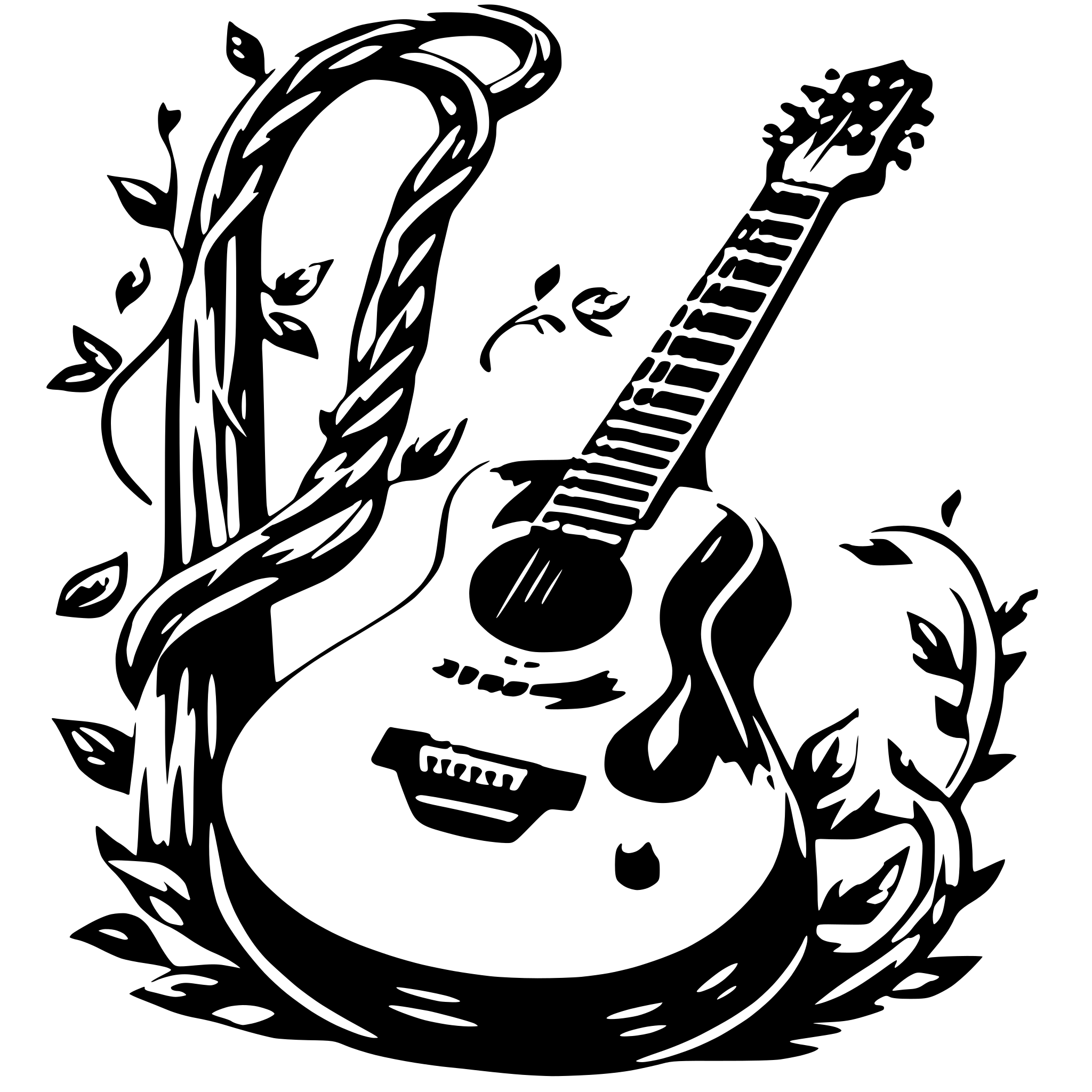 AI-generated SVG of a a long vine stretching through  and wrapping around a guitar, ^88878888111
