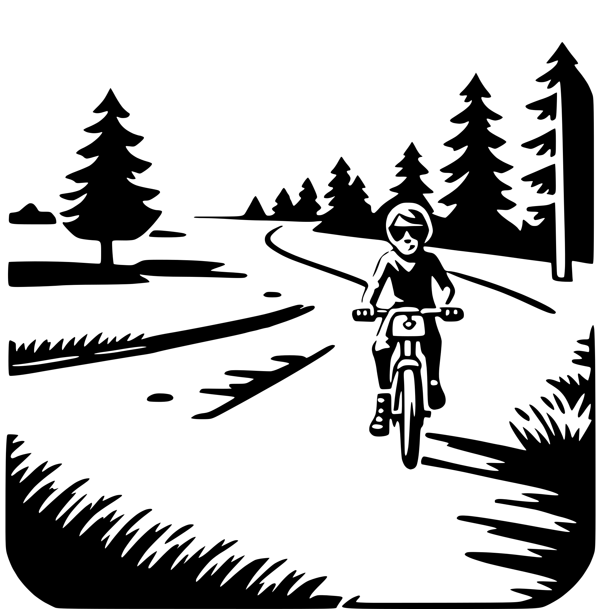 The SVG depicts a stylized scene of a person riding a bicycle on a road. The road is flanked by trees on both sides, suggesting a rural or forested setting. The cyclist is wearing a helmet and sunglasses, indicating a focus on safety and possibly the sun. The trees are simplified with a minimal number of branches and leaves, emphasizing the silhouette of the scene. The overall style is graphic and appears to be designed for a logo or icon, given its clean lines and lack of detail. 