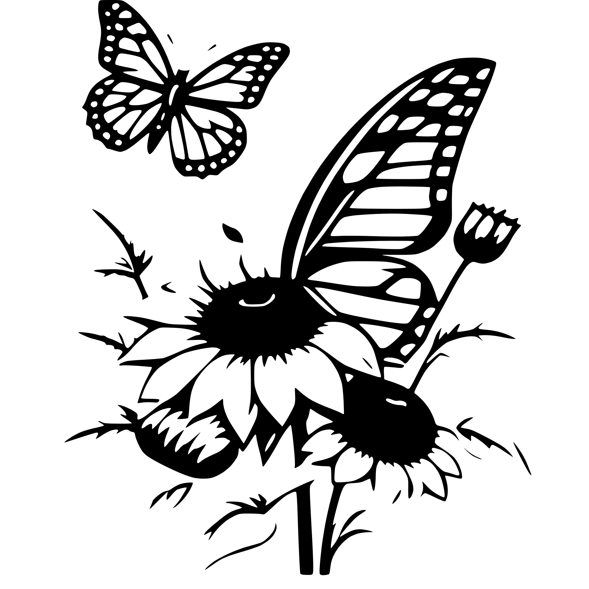 The SVG features a stylized black and white illustration of a butterfly and a sunflower. The butterfly is depicted with its wings spread out, and its body is positioned in the center of the SVG. The sunflower has a prominent head with a dark center and numerous petals radiating outward. The stem of the sunflower is visible, and there are smaller sunflower-like flowers or buds surrounding the main flower. The butterfly appears to be hovering or resting near the sunflower, with its wings partially overlapping the petals of the flower. The overall style of the SVG is simple and graphic, with clean lines and a limited color palette. 
