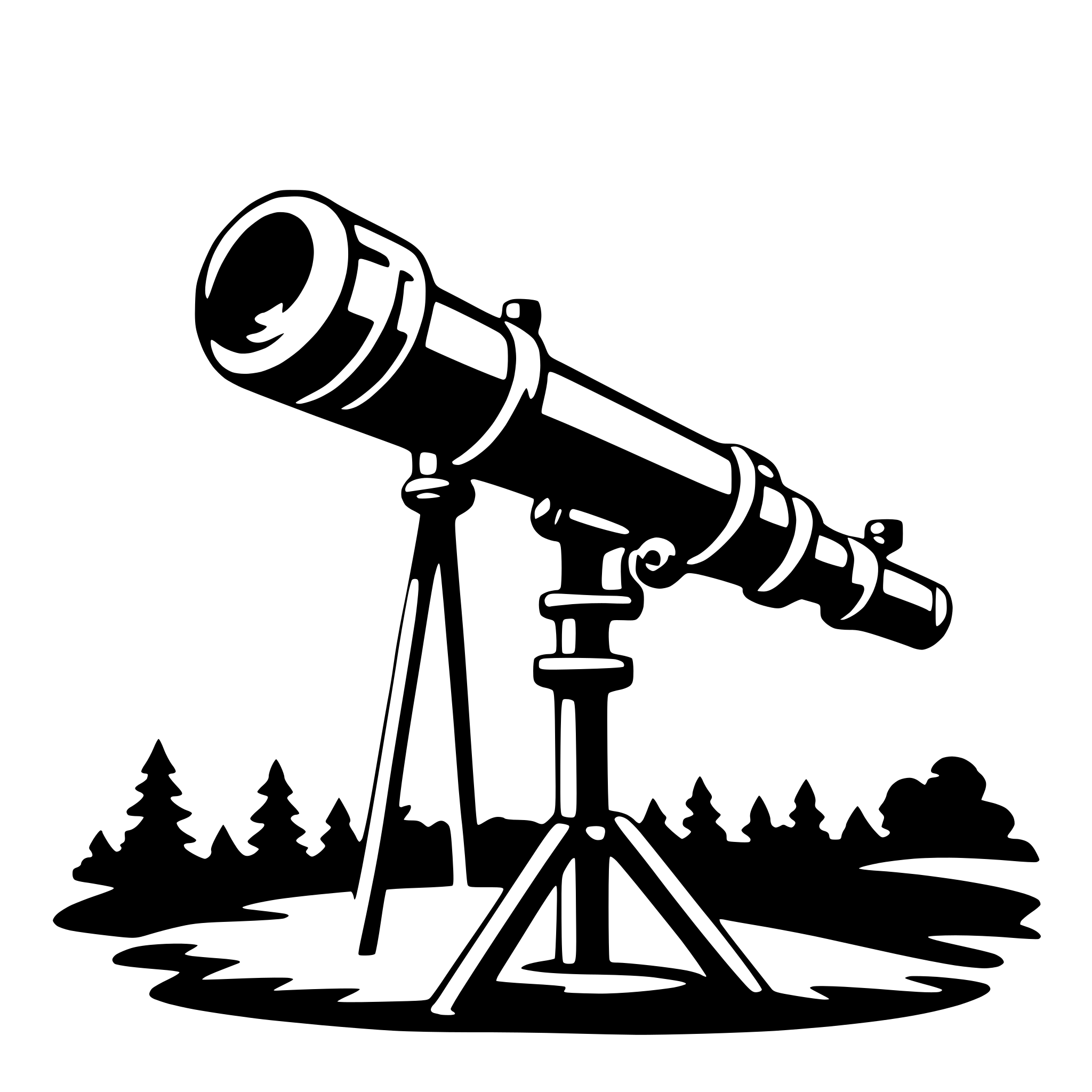 The SVG depicts a classic astronomical telescope mounted on a tripod. The telescope has a large, curved eyepiece and a long, cylindrical tube that extends upward. The tripod is sturdy with three legs and a central mounting the telescope. In the background, there is a silhouette of a landscape with trees and a horizon line, suggesting that the telescope is set up for observing celestial objects from an elevated position. The style of the SVG is simplistic and graphic, with solid black lines against a white background, emphasizing the shapes and forms of the objects without any additional detail. 