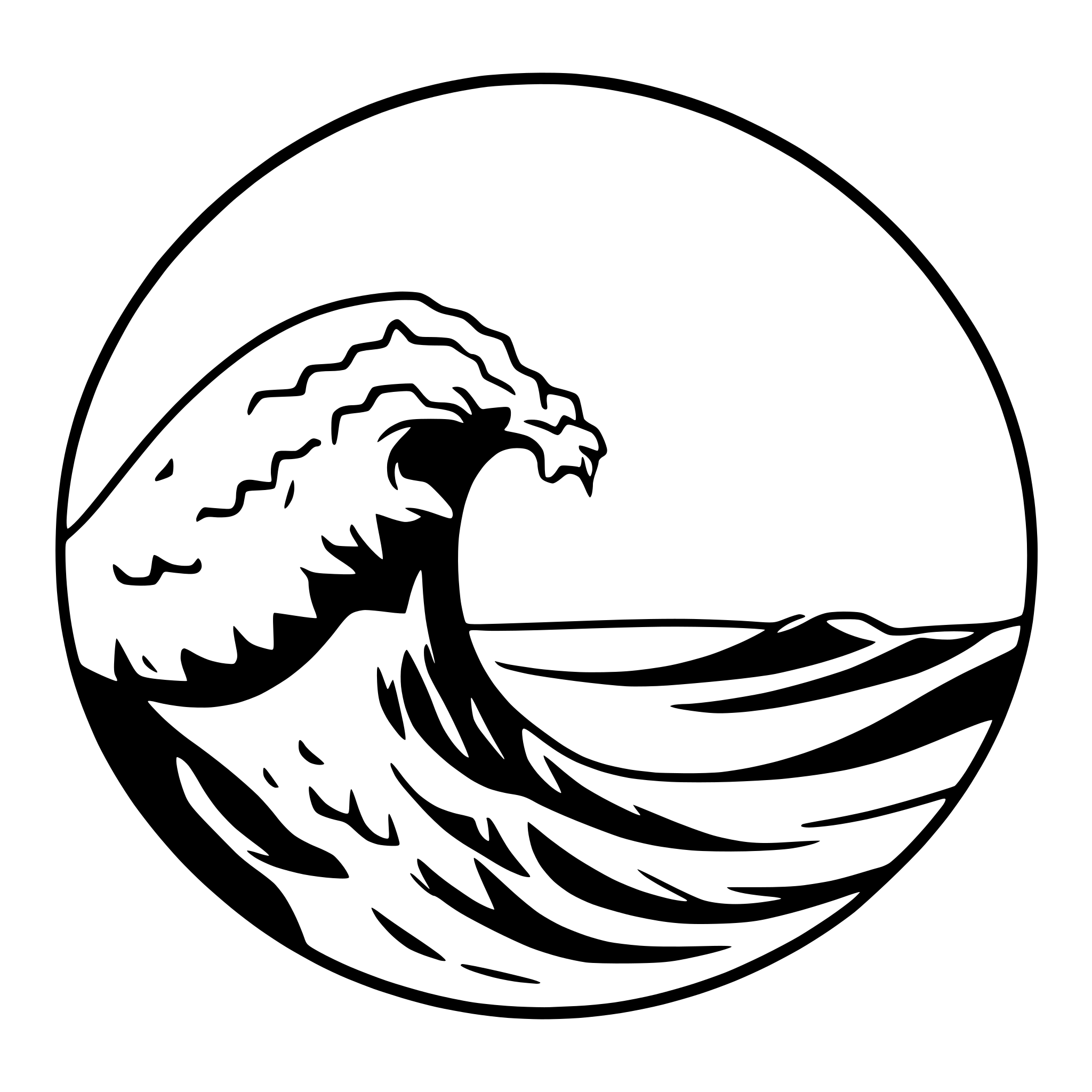 AI-generated SVG of a simplified drawing of one great wave in black and white, without a background encased in a thick circle