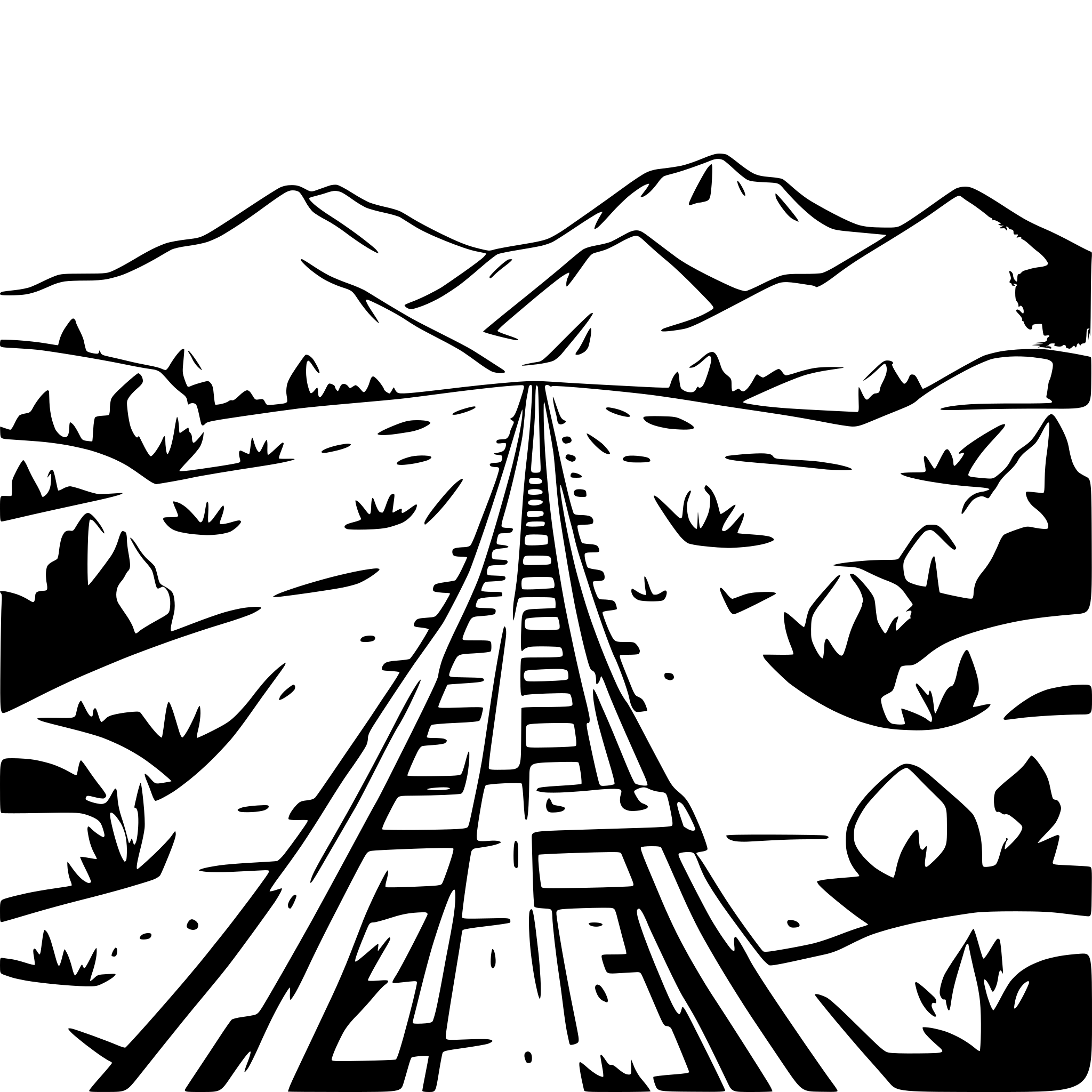 AI-generated SVG of a railroad line disappearing in background landscape mountains and plains