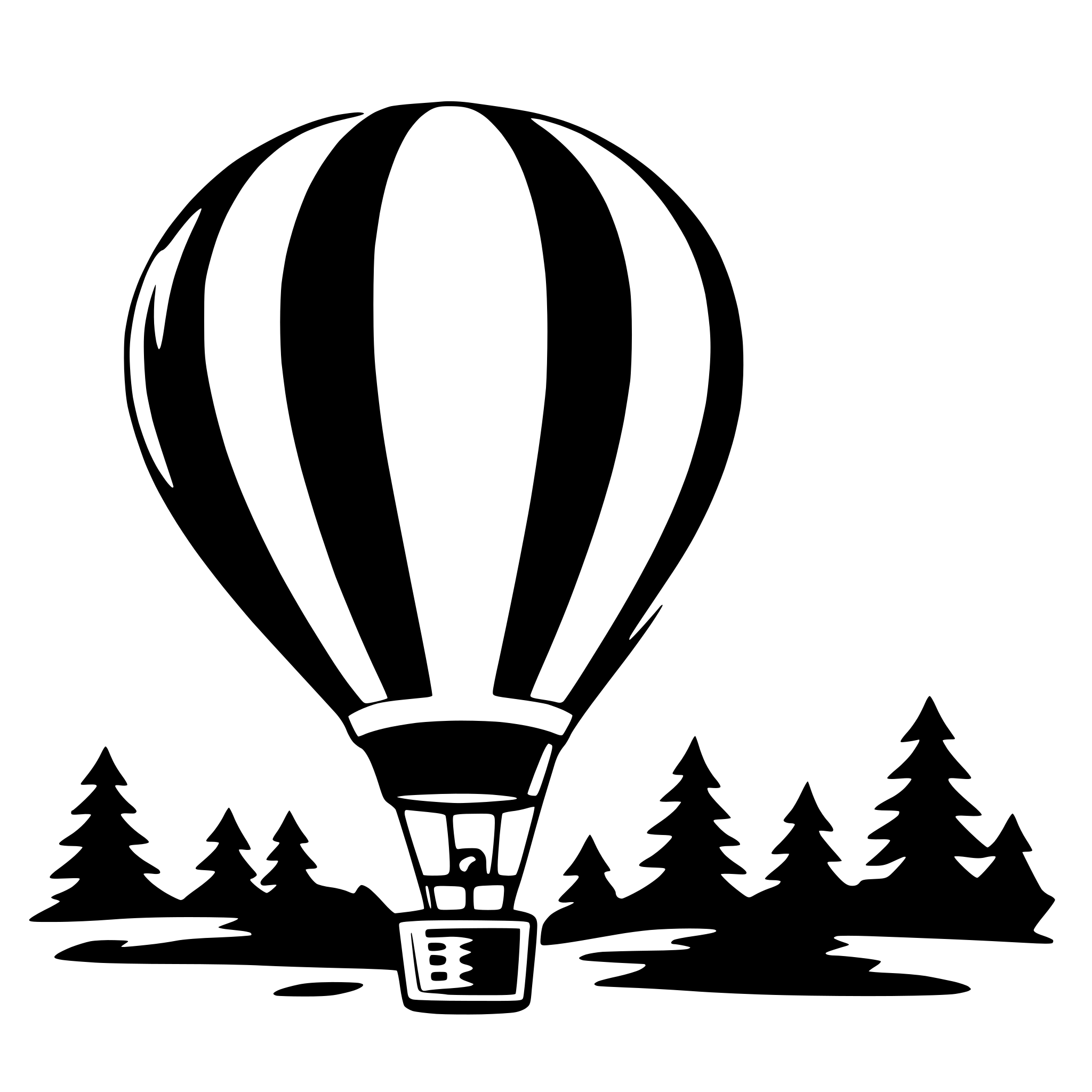 The SVG features a stylized depiction of a balloon with a basket attached to its base, floating above a landscape. The balloon has a classic design with alternating black and white stripes, and a pointed top. Below the balloon, there is a basket with a handle, suggesting it is designed for passengers to sit in. The landscape includes silhouettes of trees and a small body of water, indicating a natural setting. The balloon appears to be in the process of taking off or landing, as it is not firmly attached to the ground. The overall style of the SVG is simplistic and cartoonish, with bold outlines and a limited color palette. 
